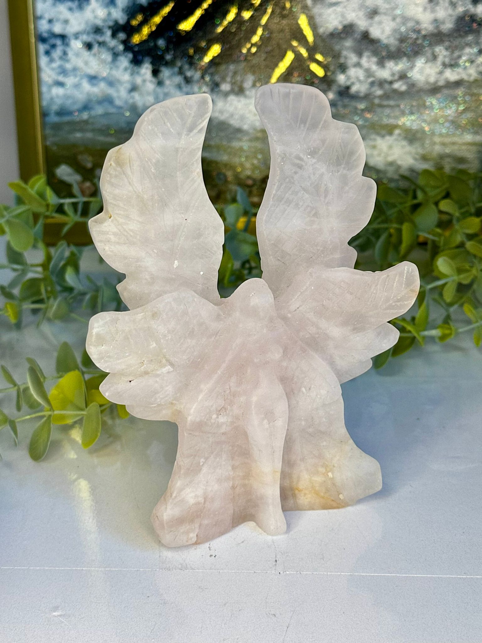 Rose Quartz & Golden Healer Angel Carving