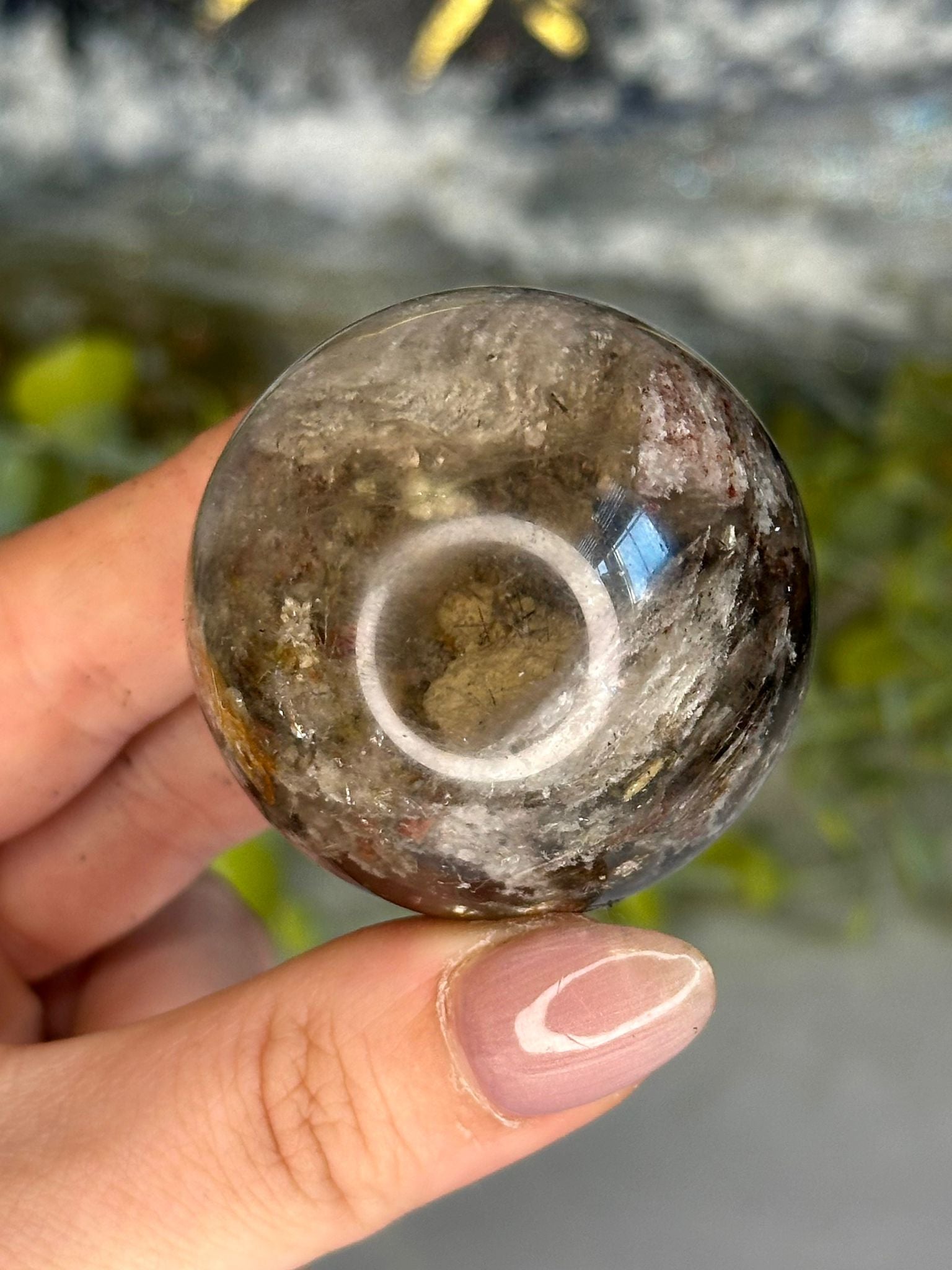 Garden Quartz in Smoky Quartz Sphere with Black Rutile