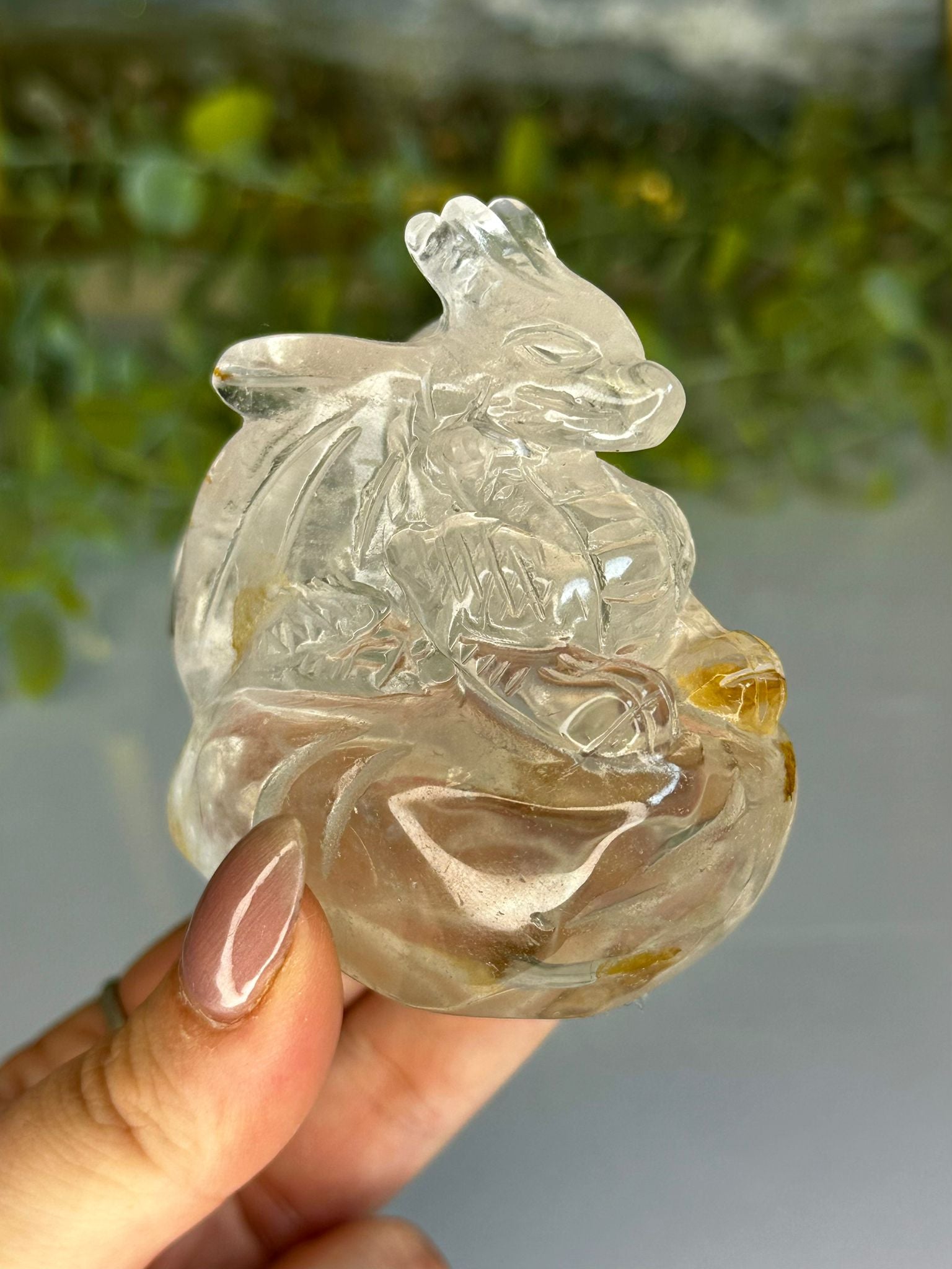 Hand Carved Clear Quartz Dragon with Golden Healer Inclusions