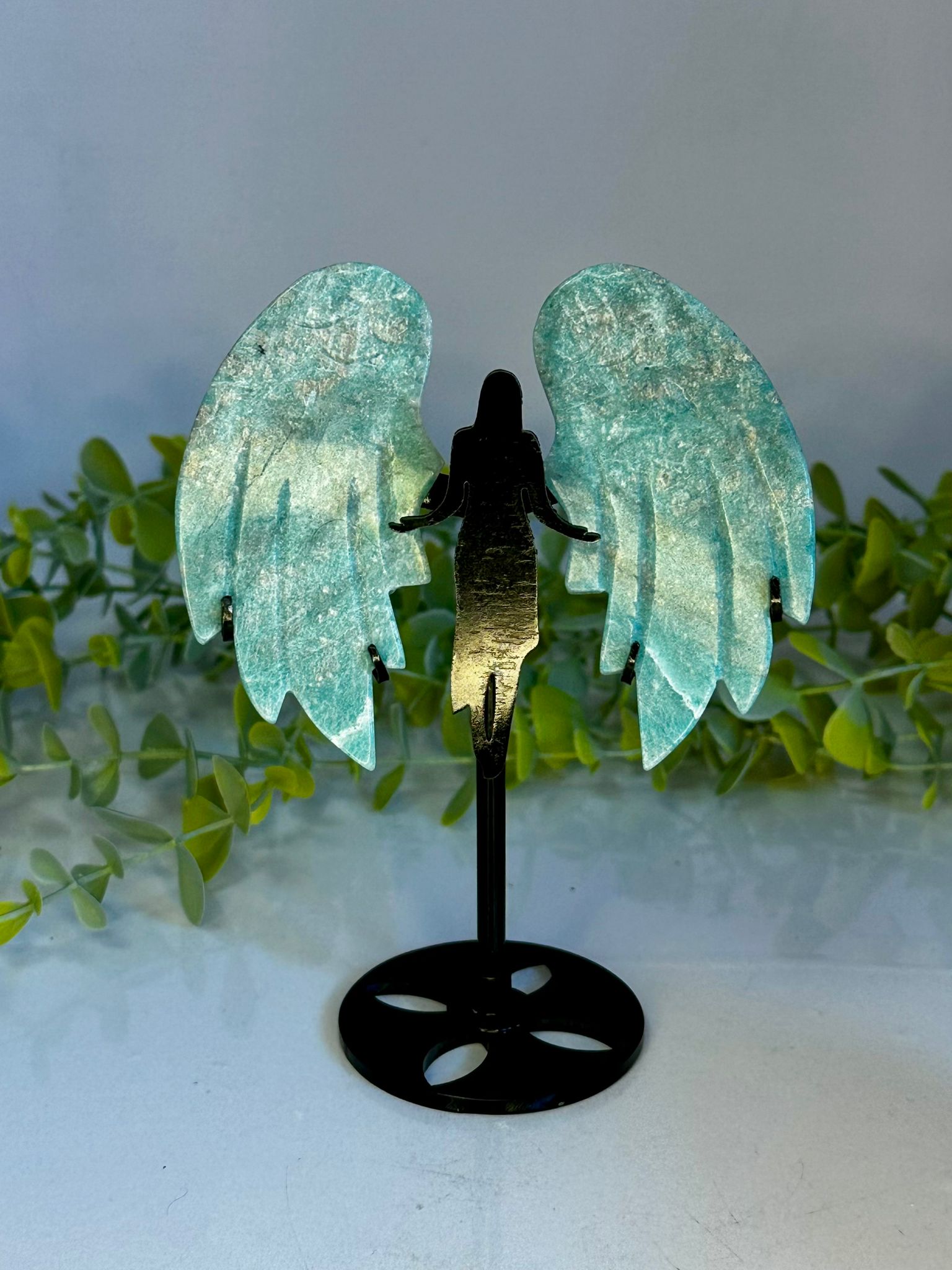 Amazonite Angel Wings on Custom Stand