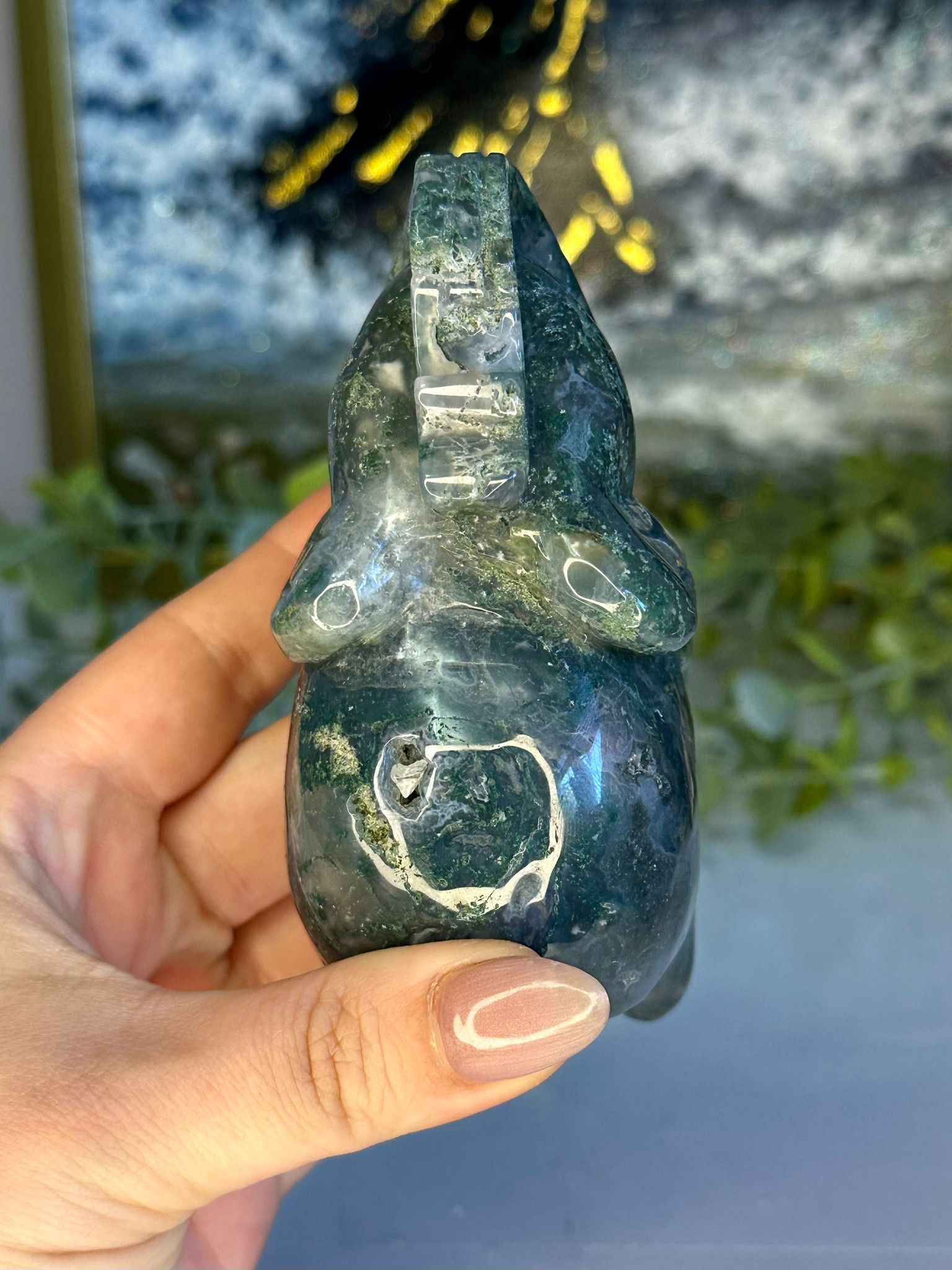 Moss Agate Elephant Carving #2