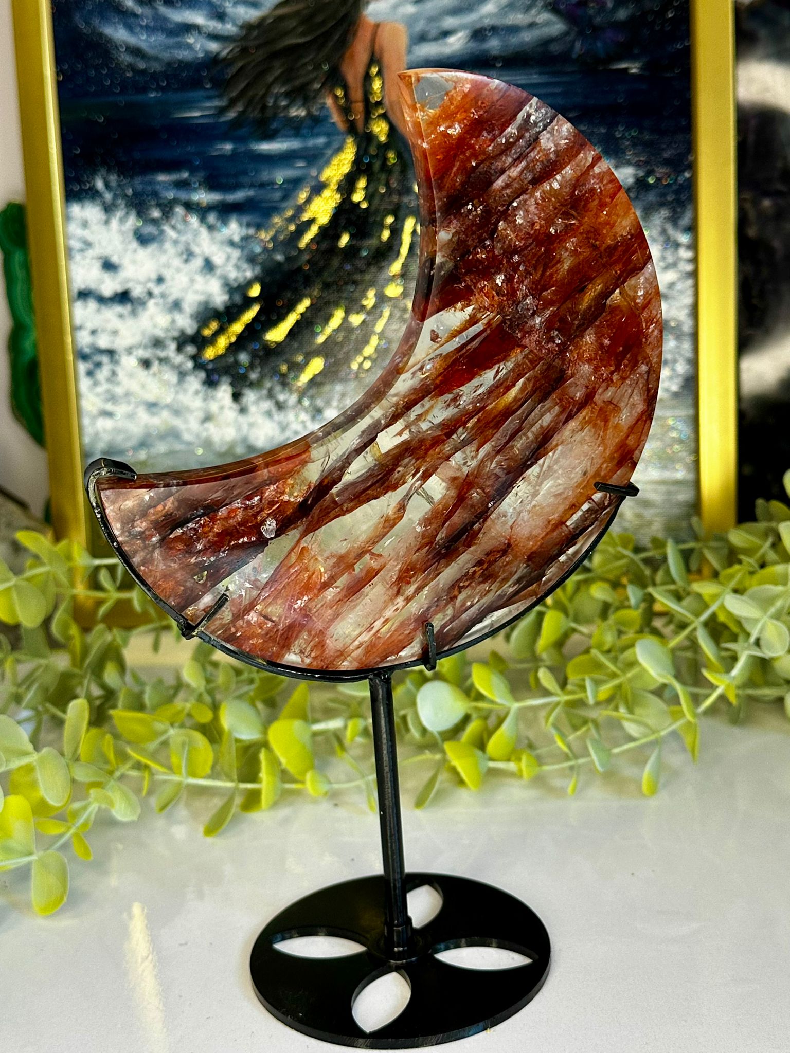 Large High Grade Fire Quartz Crescent Moon on Custom Stand