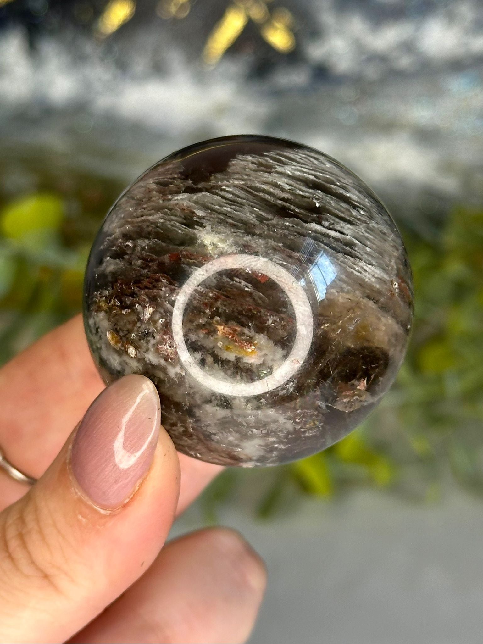 Garden Quartz in Smoky Quartz Sphere with Black Rutile