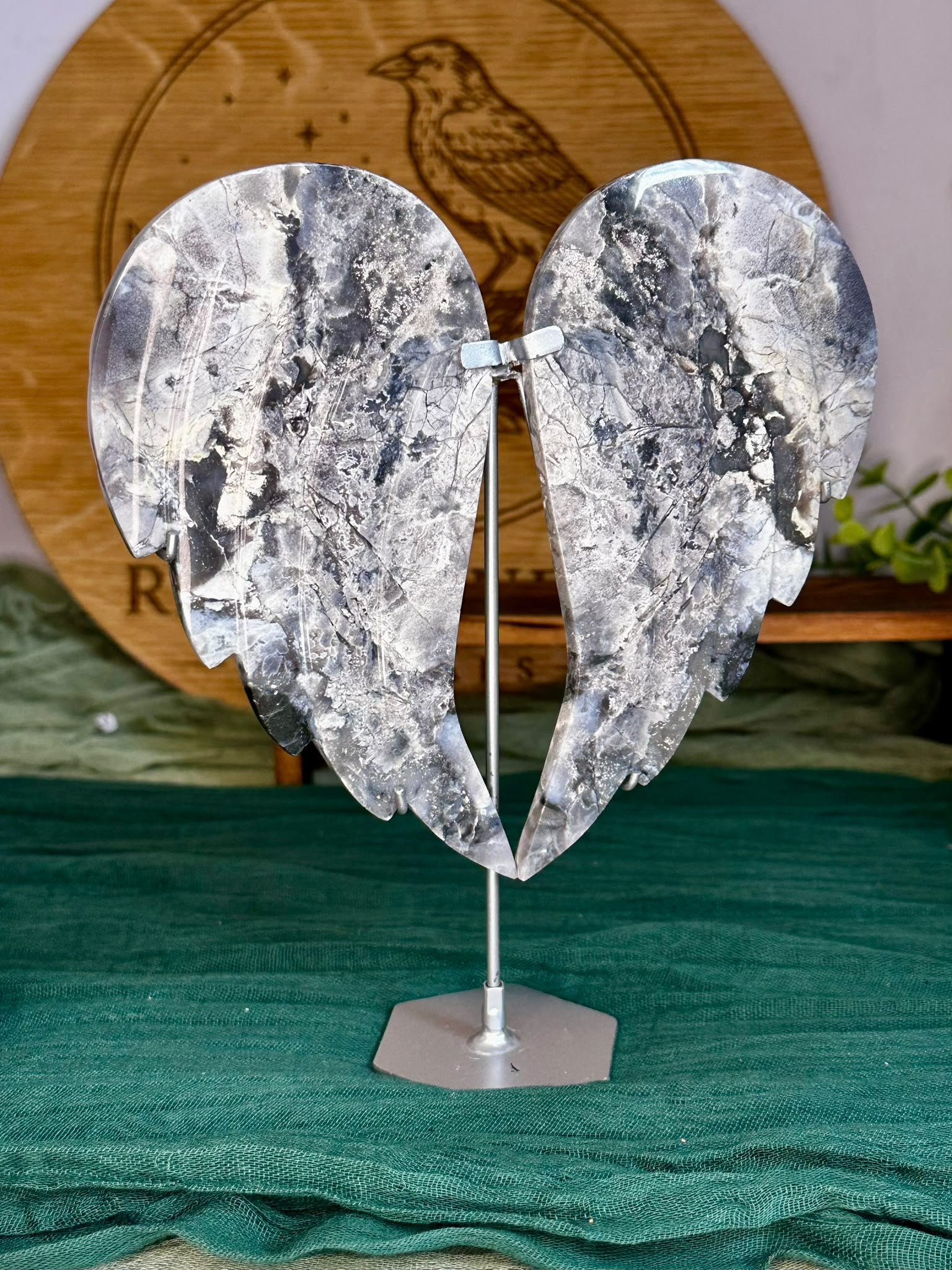 Large Blue Plume Agate Angel Wings on Stand