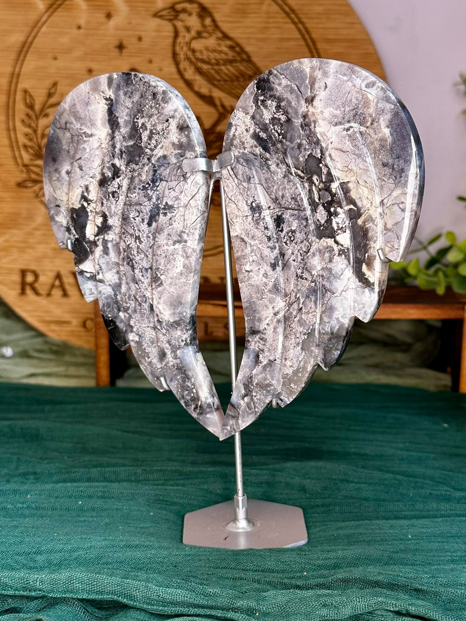Large Blue Plume Agate Angel Wings on Stand
