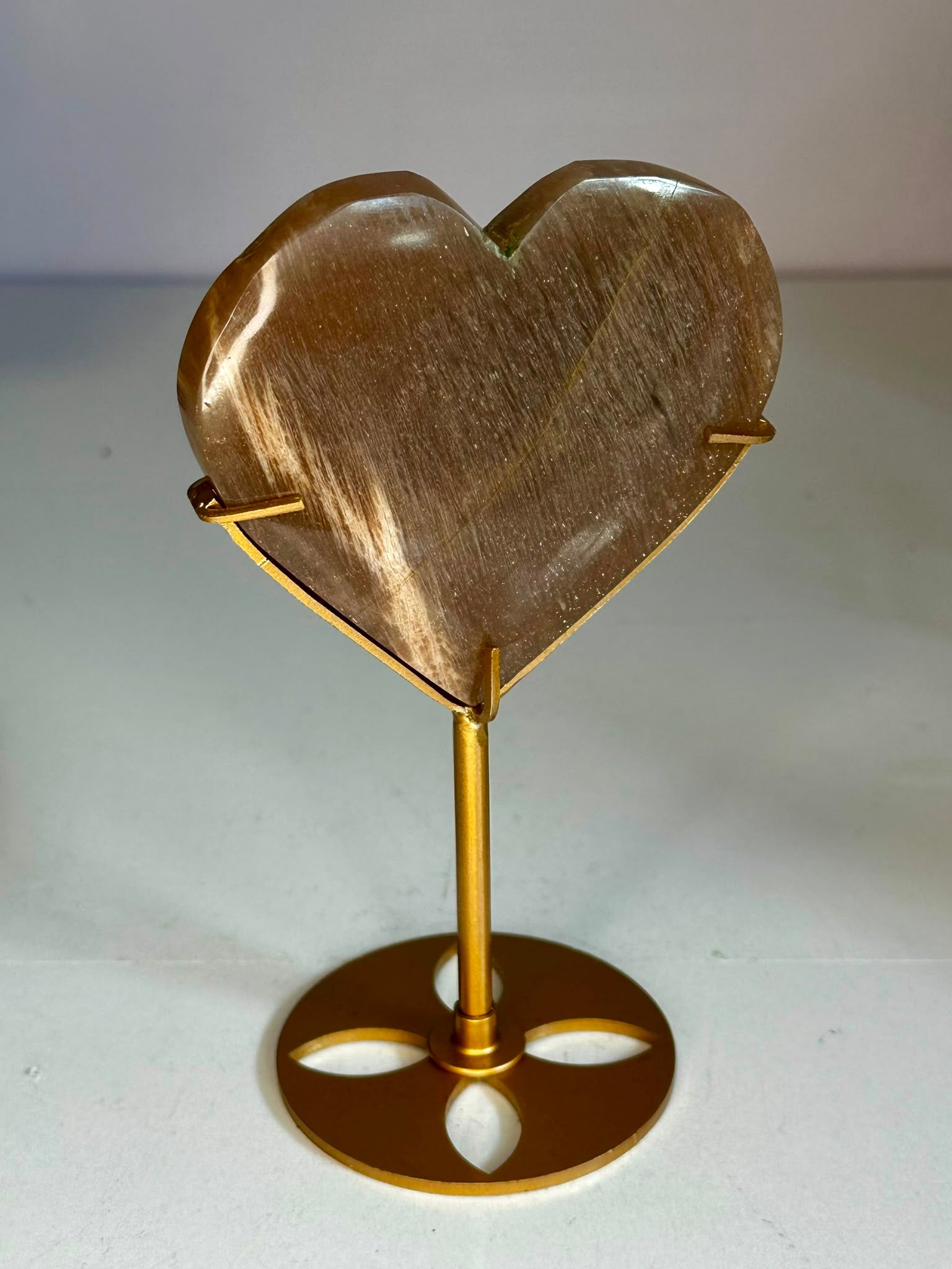 Sunstone & Peach Moonstone Heart on Gold Display Stand