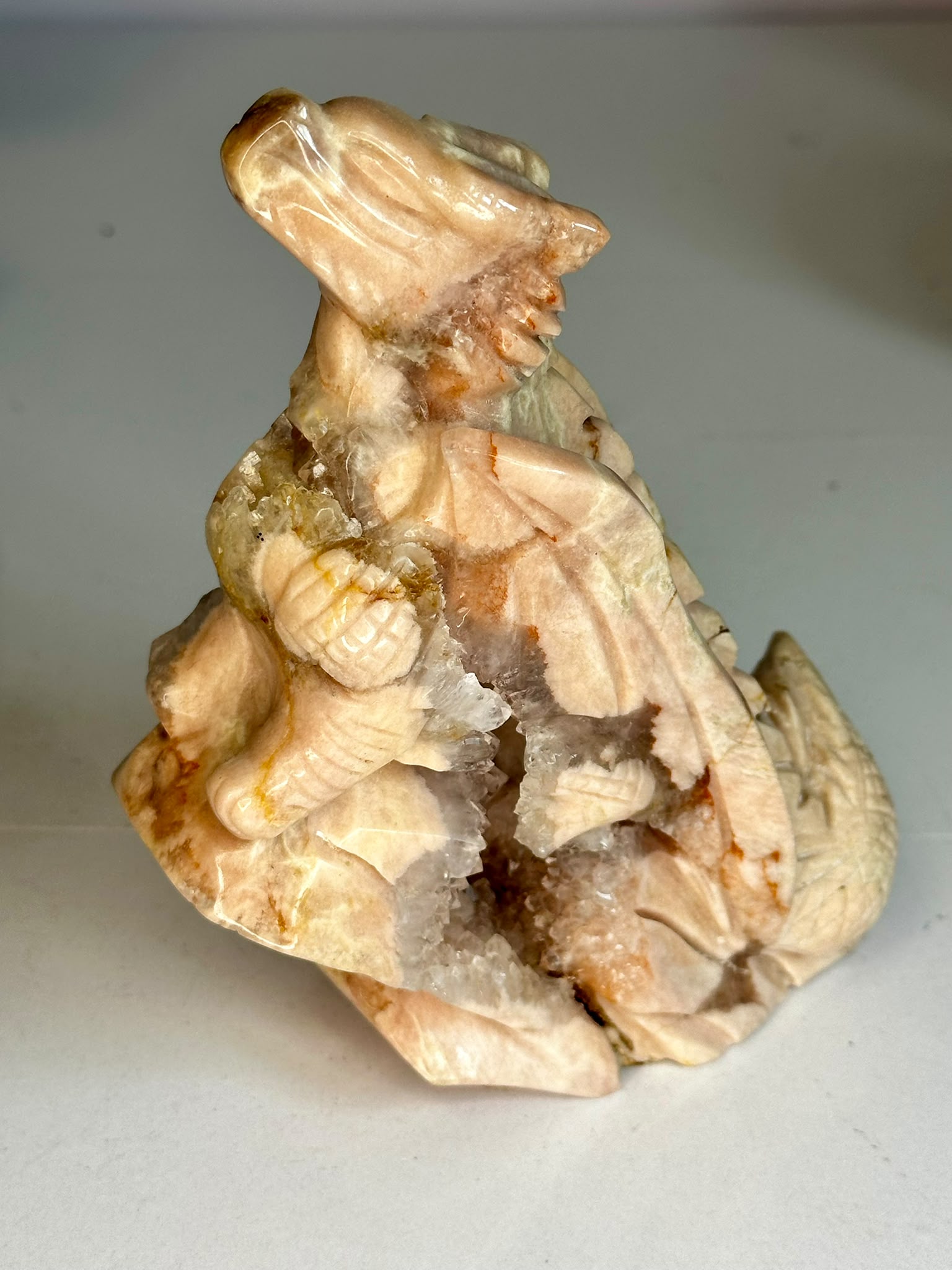 Hand-Carved Pink Amethyst Dragon with Druzy