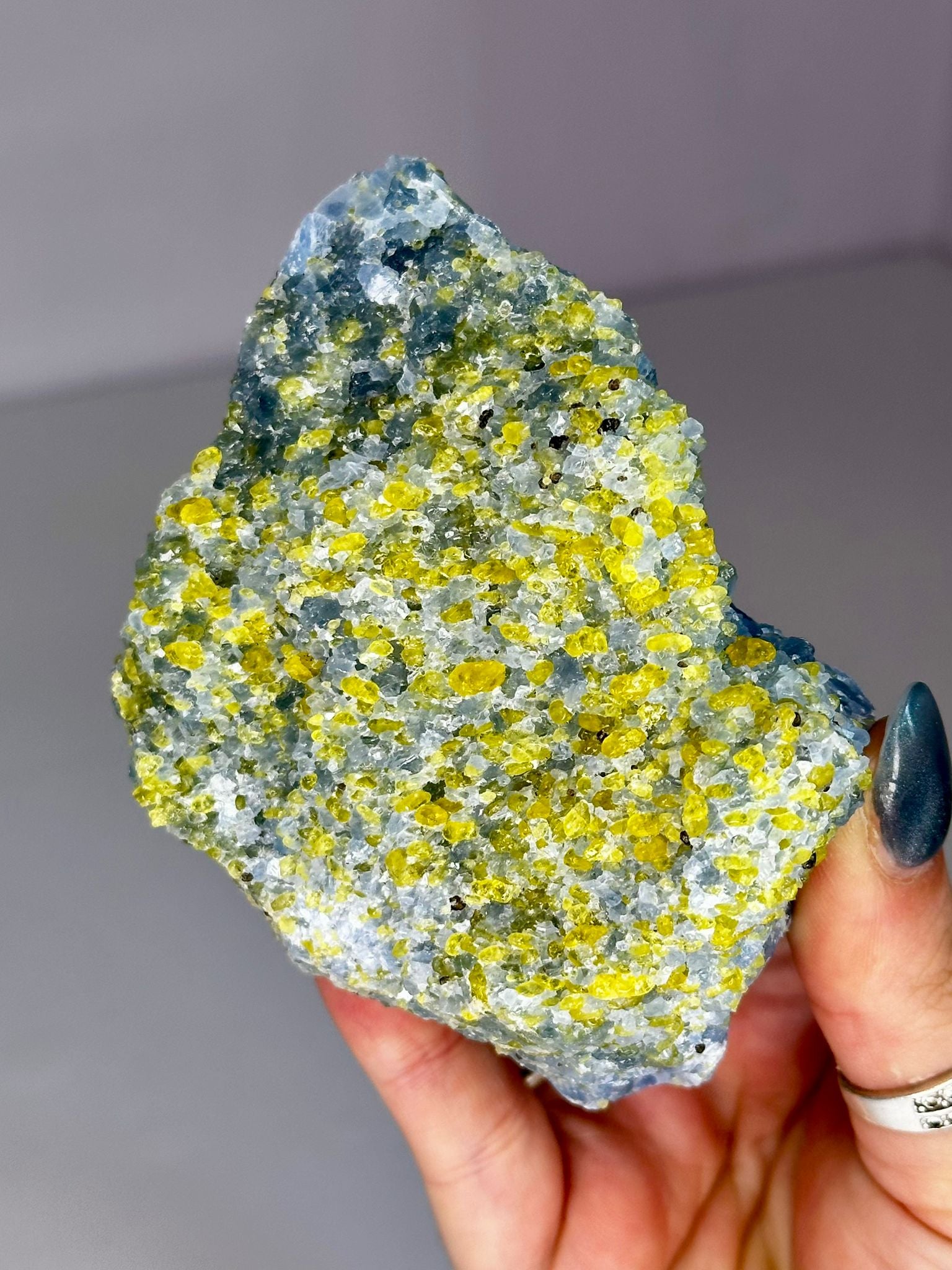Blue Calcite with Peridot