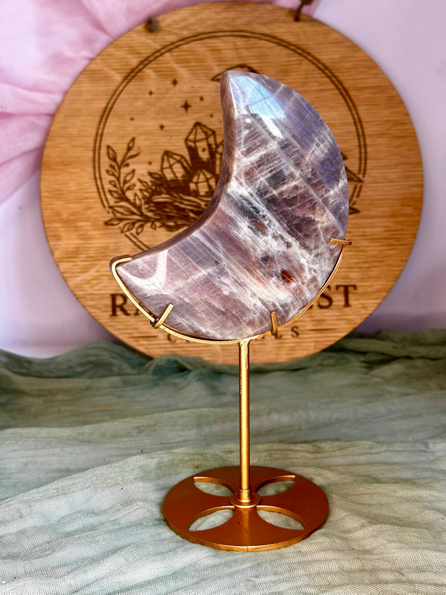 Large Sunstone Moonstone Crescent Moon on Gold Stand