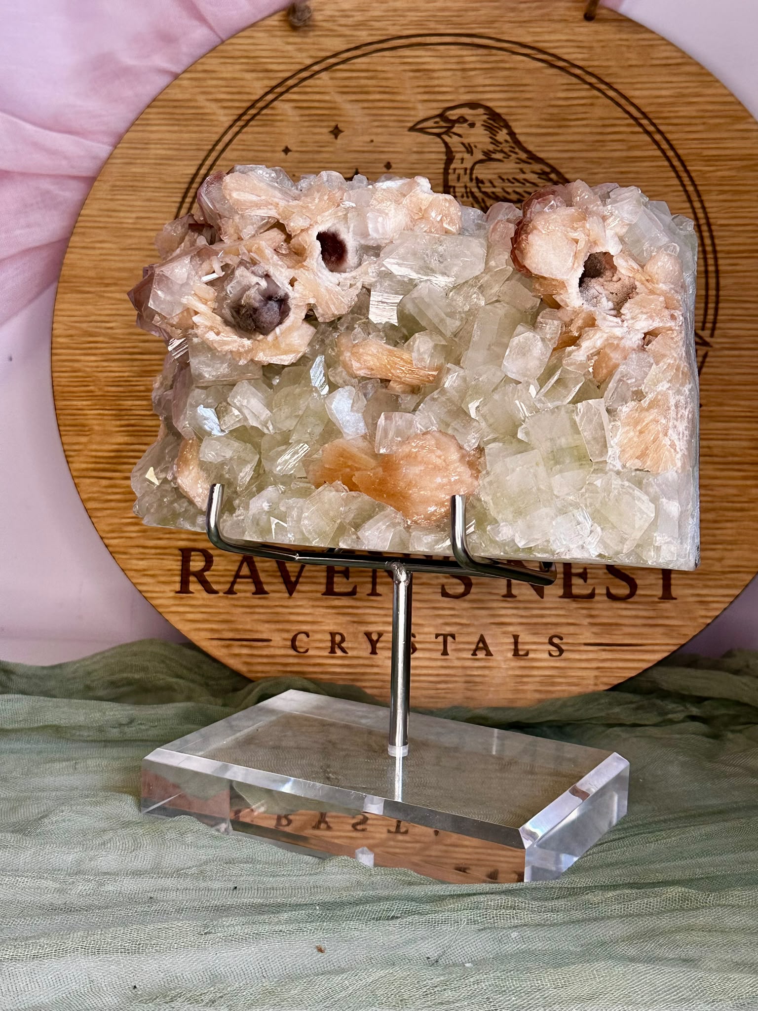 XL Green Apophyllite with Red Heulandite & Peach Stilbite on Stand
