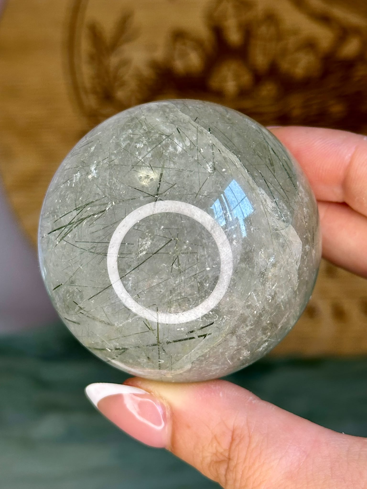 Green Rutile in Quartz Sphere