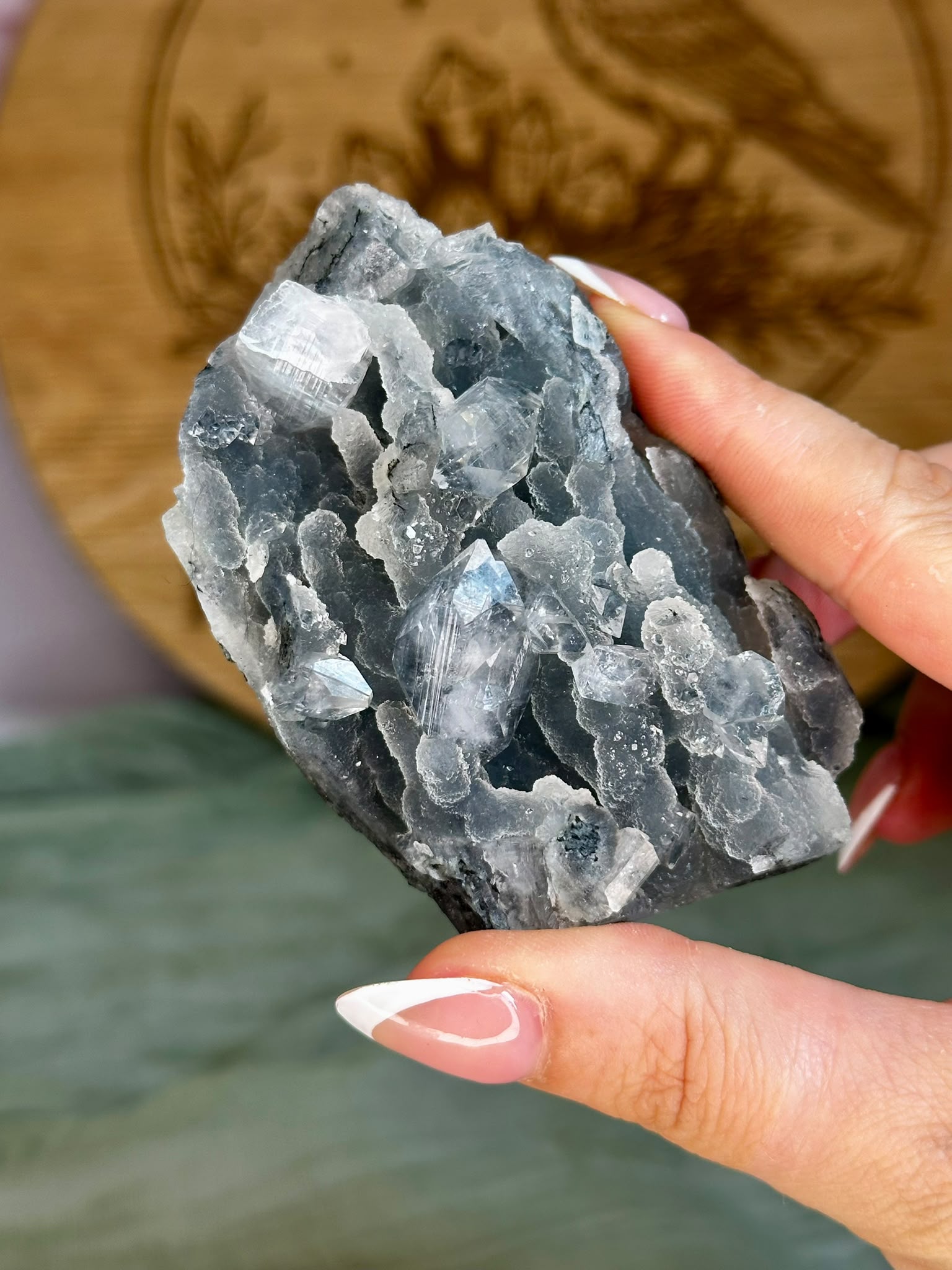 Diamond Apophyllite on Sparkling Black Chalcedony Cluster #5
