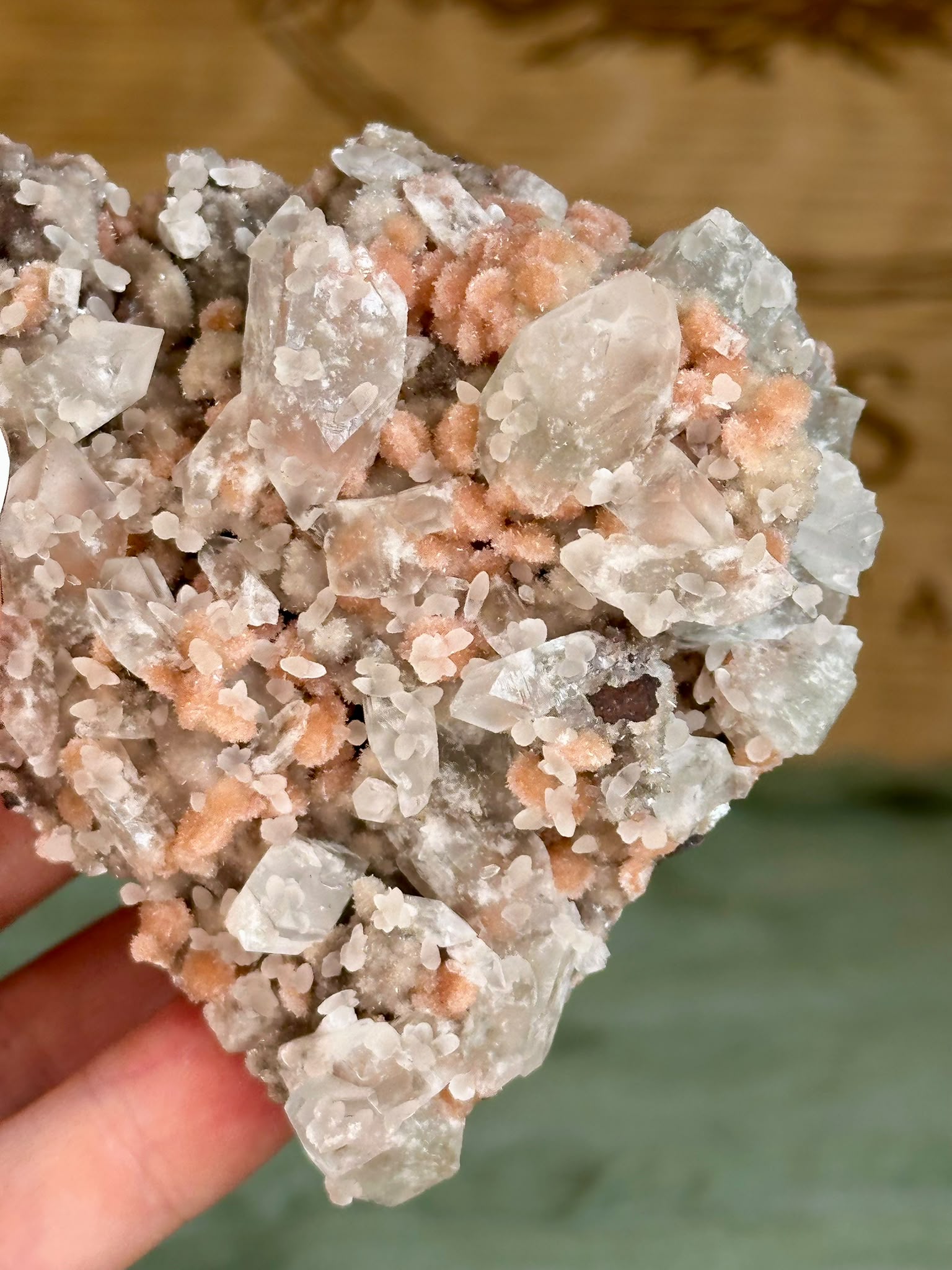 Indian Apophyllite with Coral Pink Heulandite on Chalcedony Cluster #2