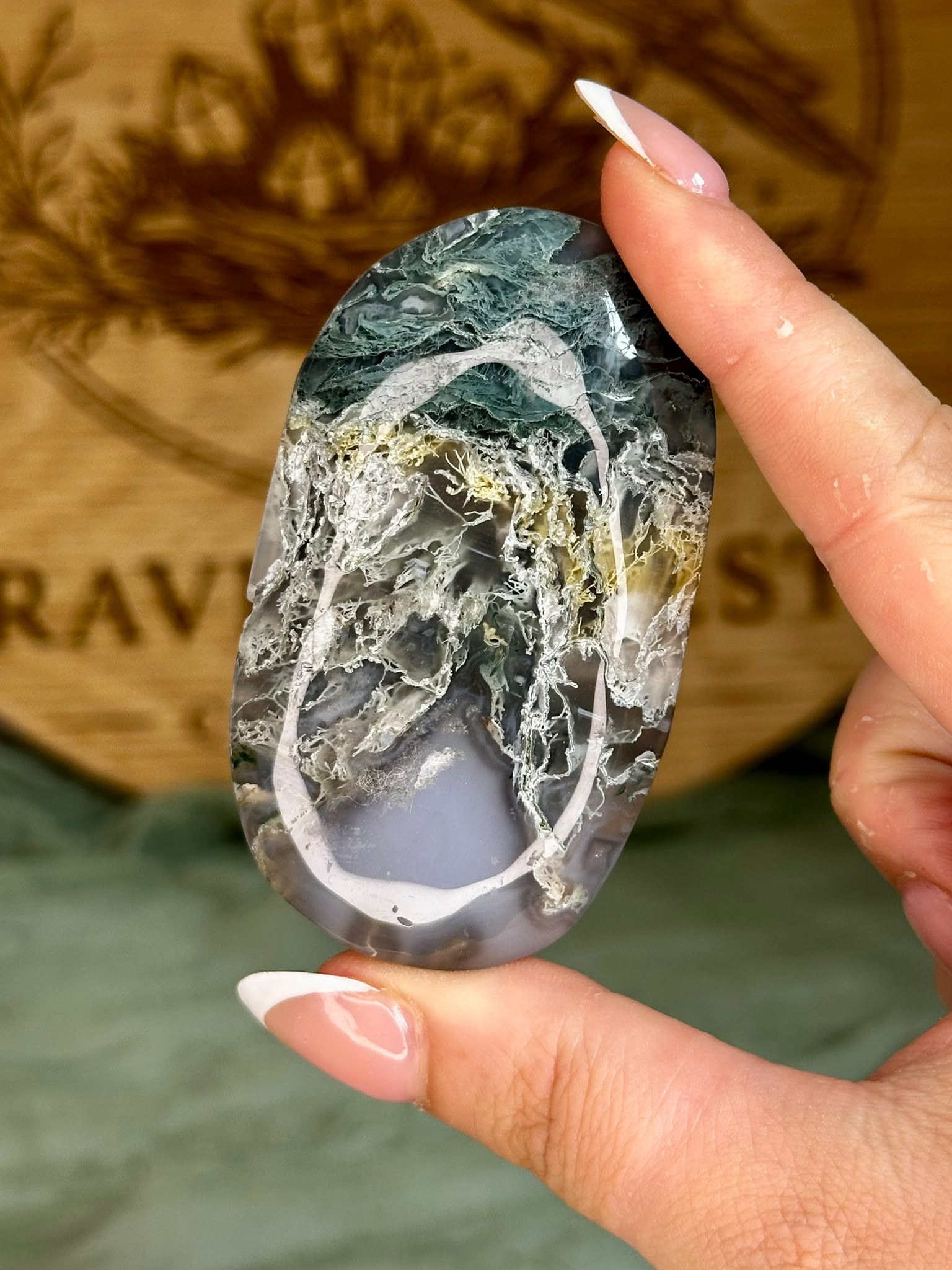 Large Moss Agate Palm Stone