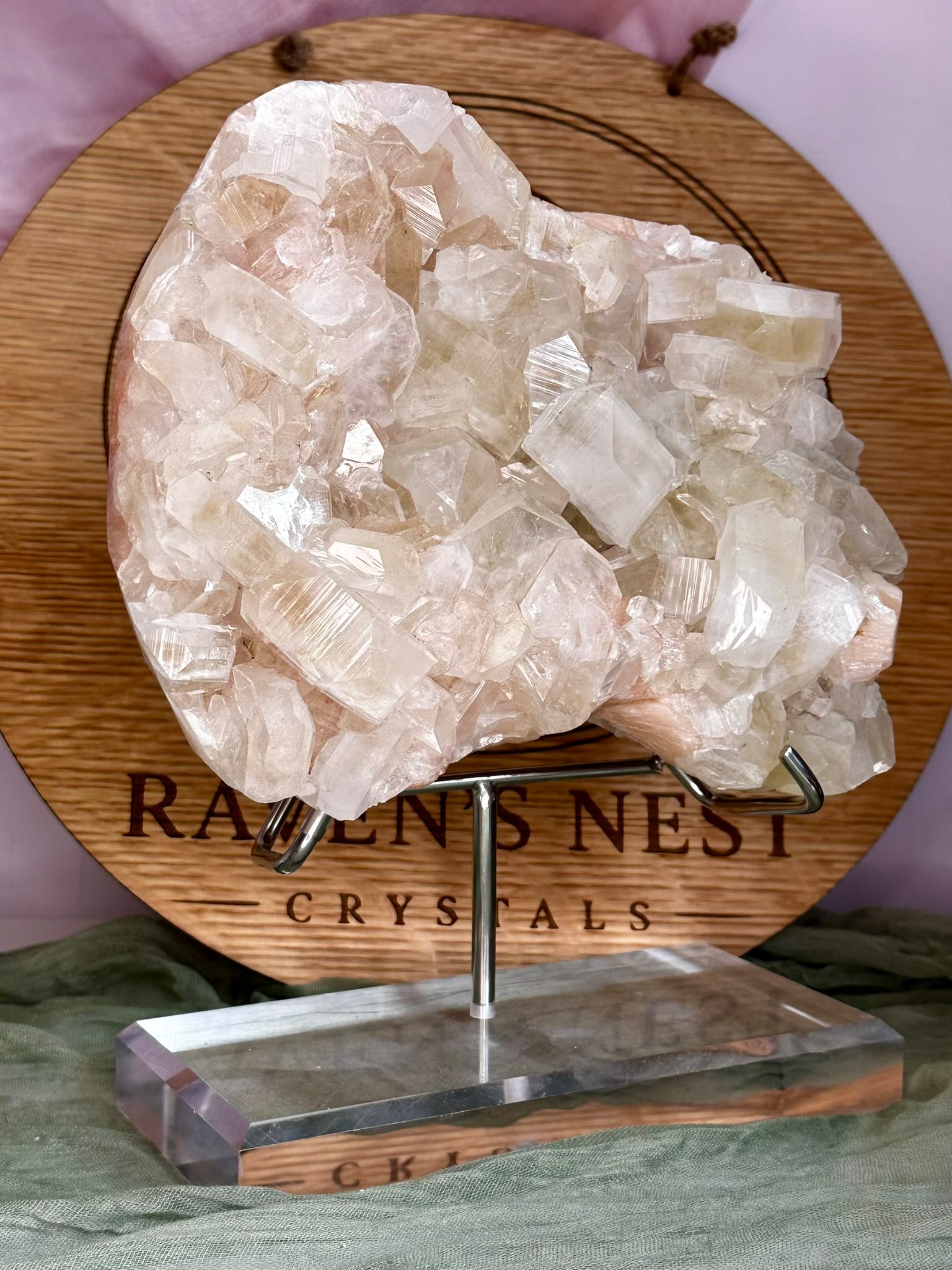 XL Watermelon Apophyllite & Peach Stilbite Display Specimen with Stand