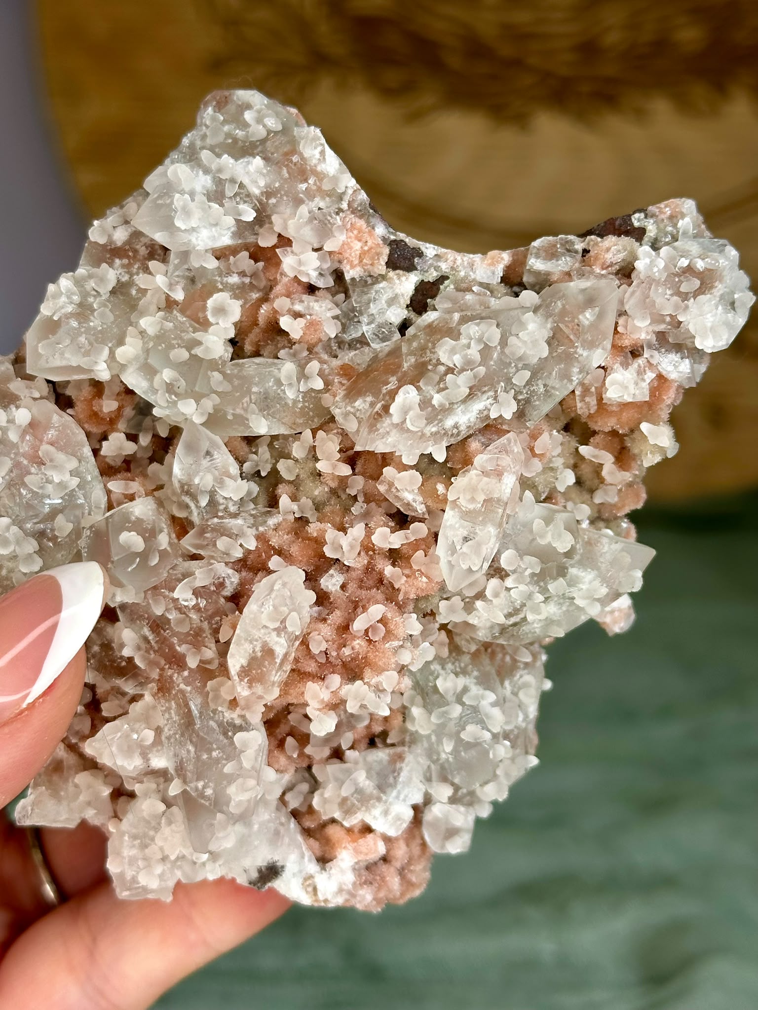 Indian Apophyllite with Coral Pink Heulandite on Chalcedony Cluster #1