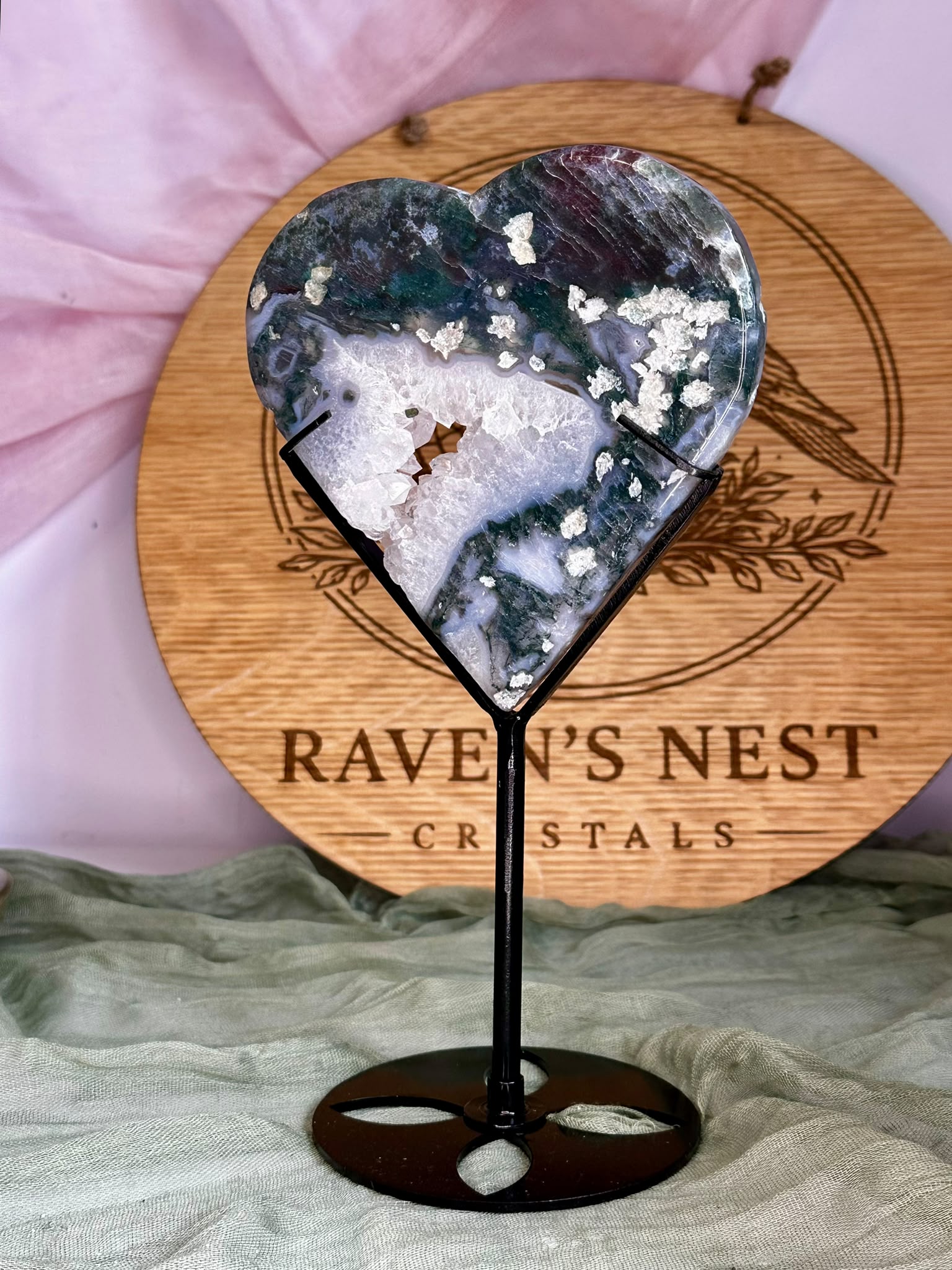 Large Moss Agate Heart on Stand