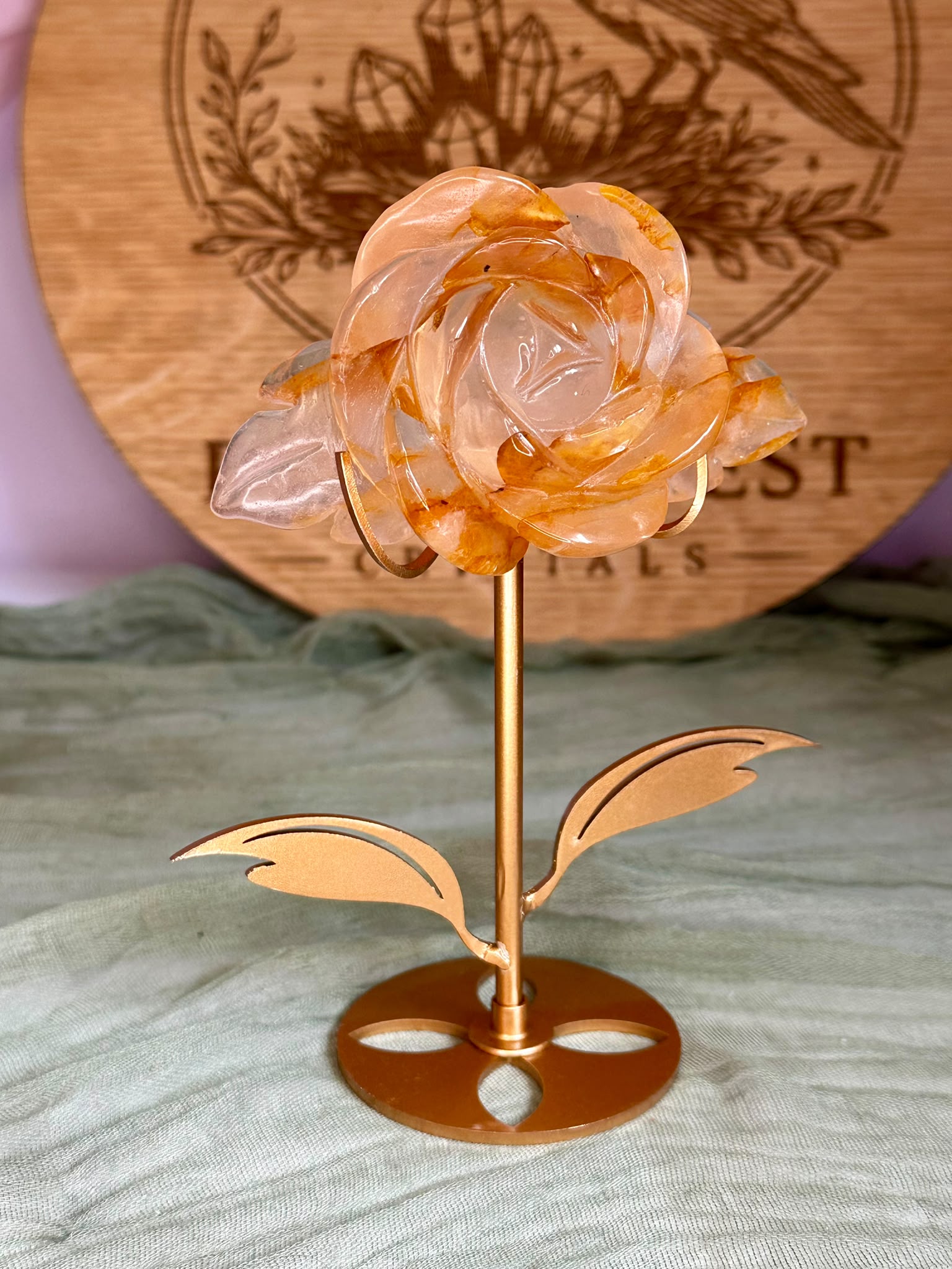 Golden Healer Quartz Rose on Metal Stand