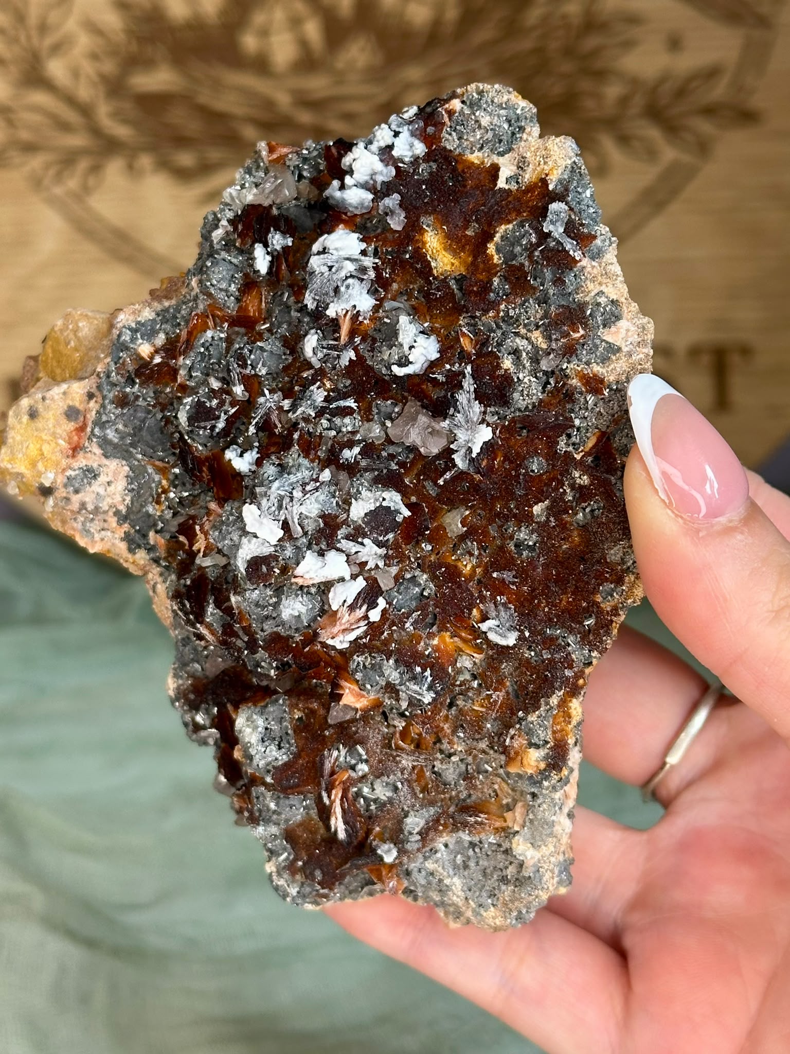 Amber Sphalerite with Baryte, Galena & Calcite Cluster