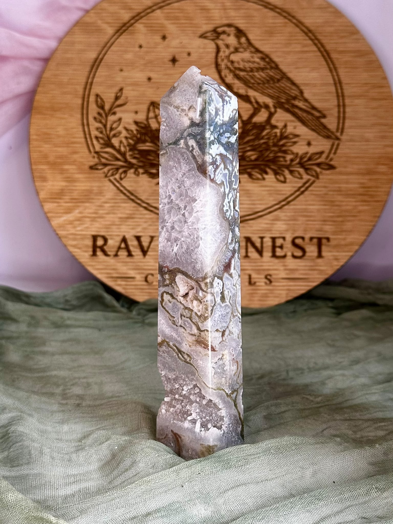Grey Druzy Moss Agate Tower
