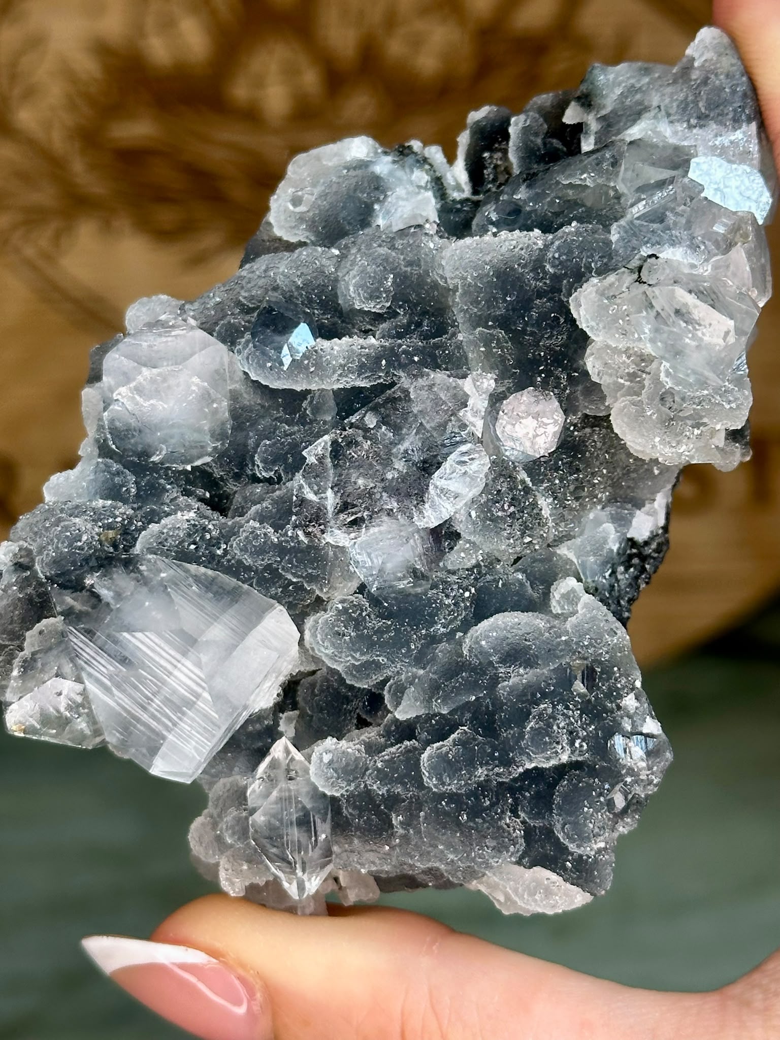 Diamond Apophyllite on Sparkling Black Chalcedony Cluster