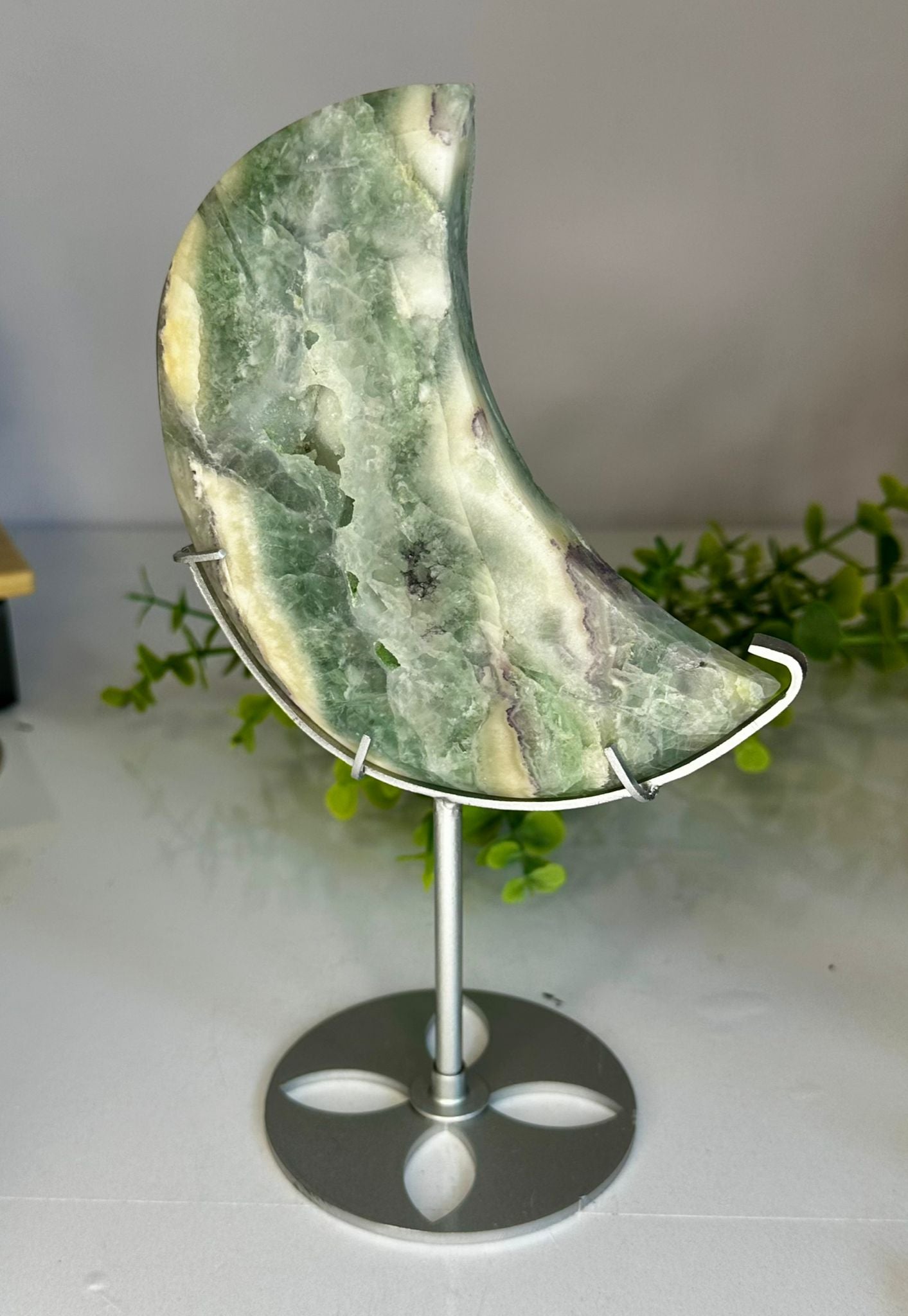 Large Silk Fluorite Moon with Natural Druzy
