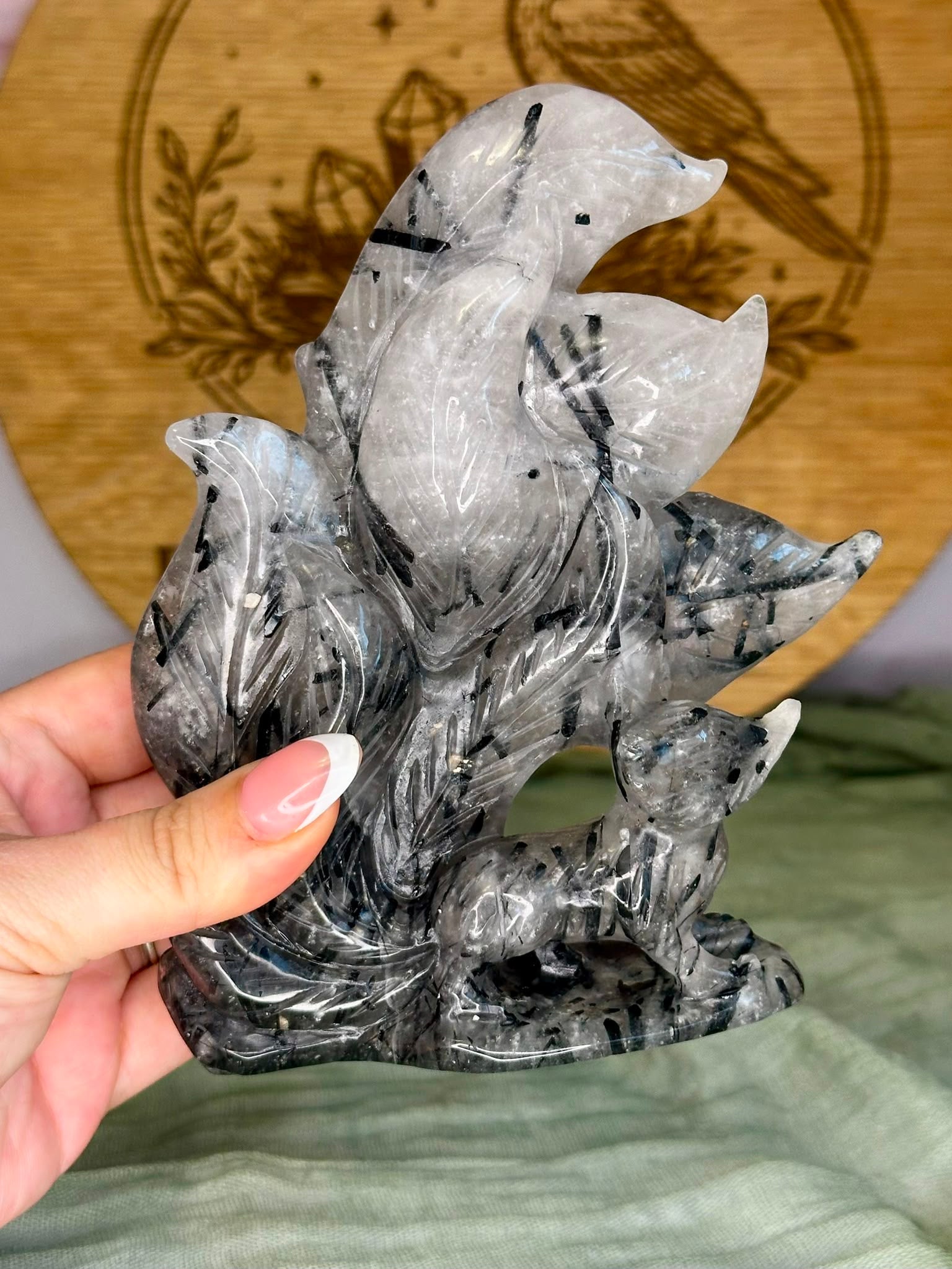 Black Tourmaline in Quartz Nine-Tailed Fox Carving