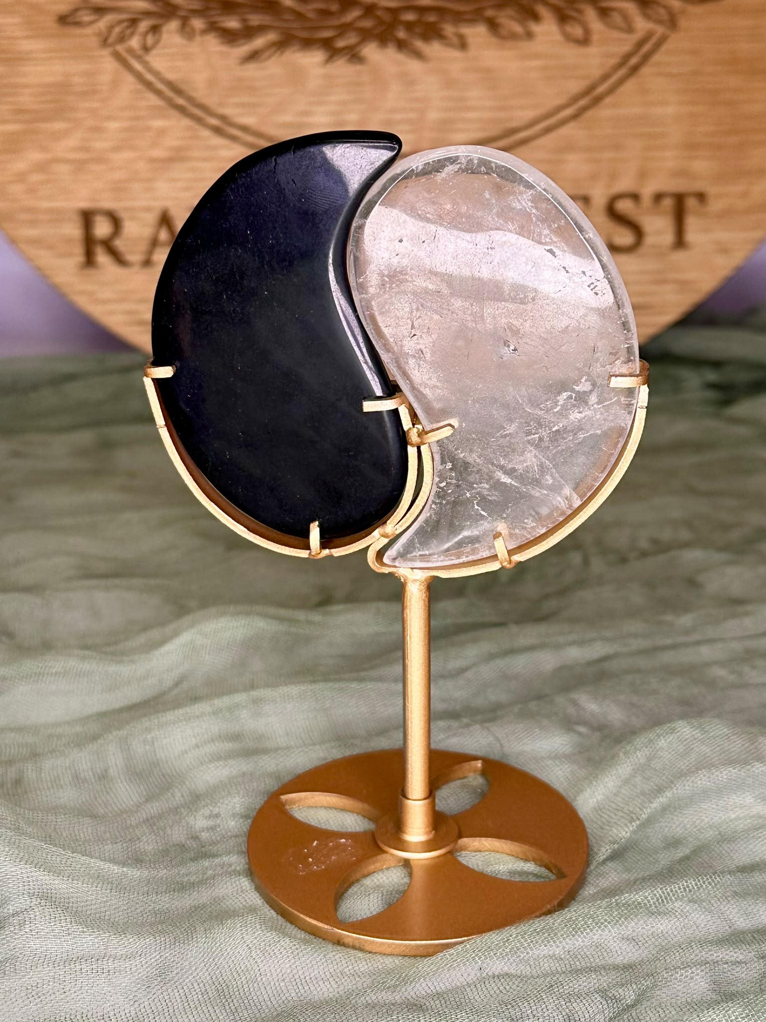 Obsidian & Clear Quartz Yin Yang Display on Stand
