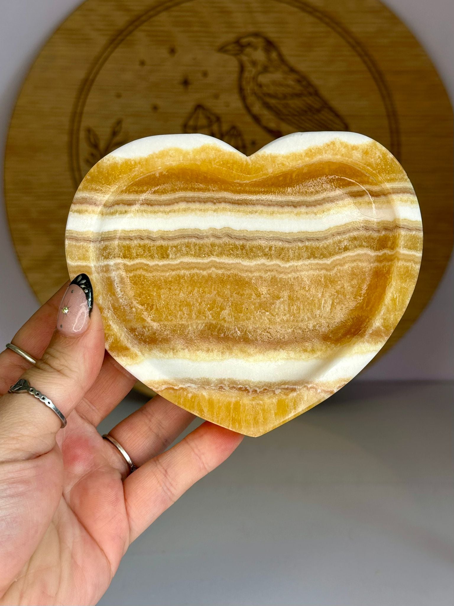 Large Banded Honey Calcite Heart Bowl