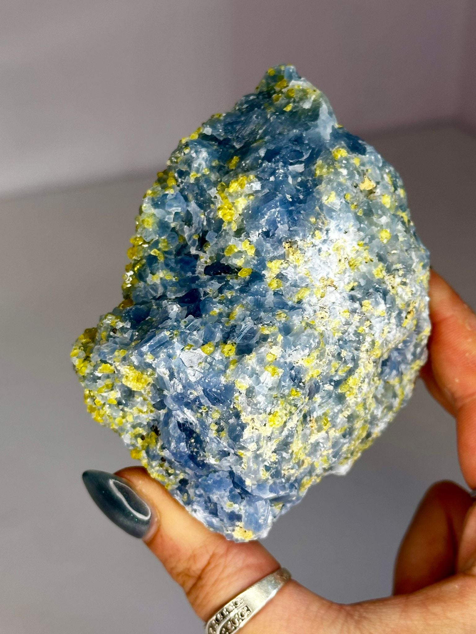 Blue Calcite with Peridot