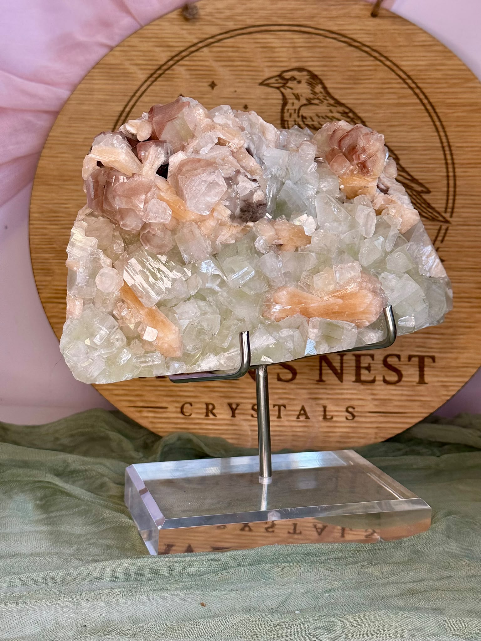 XL Green Apophyllite with Red Heulandite & Peach Stilbite on Stand