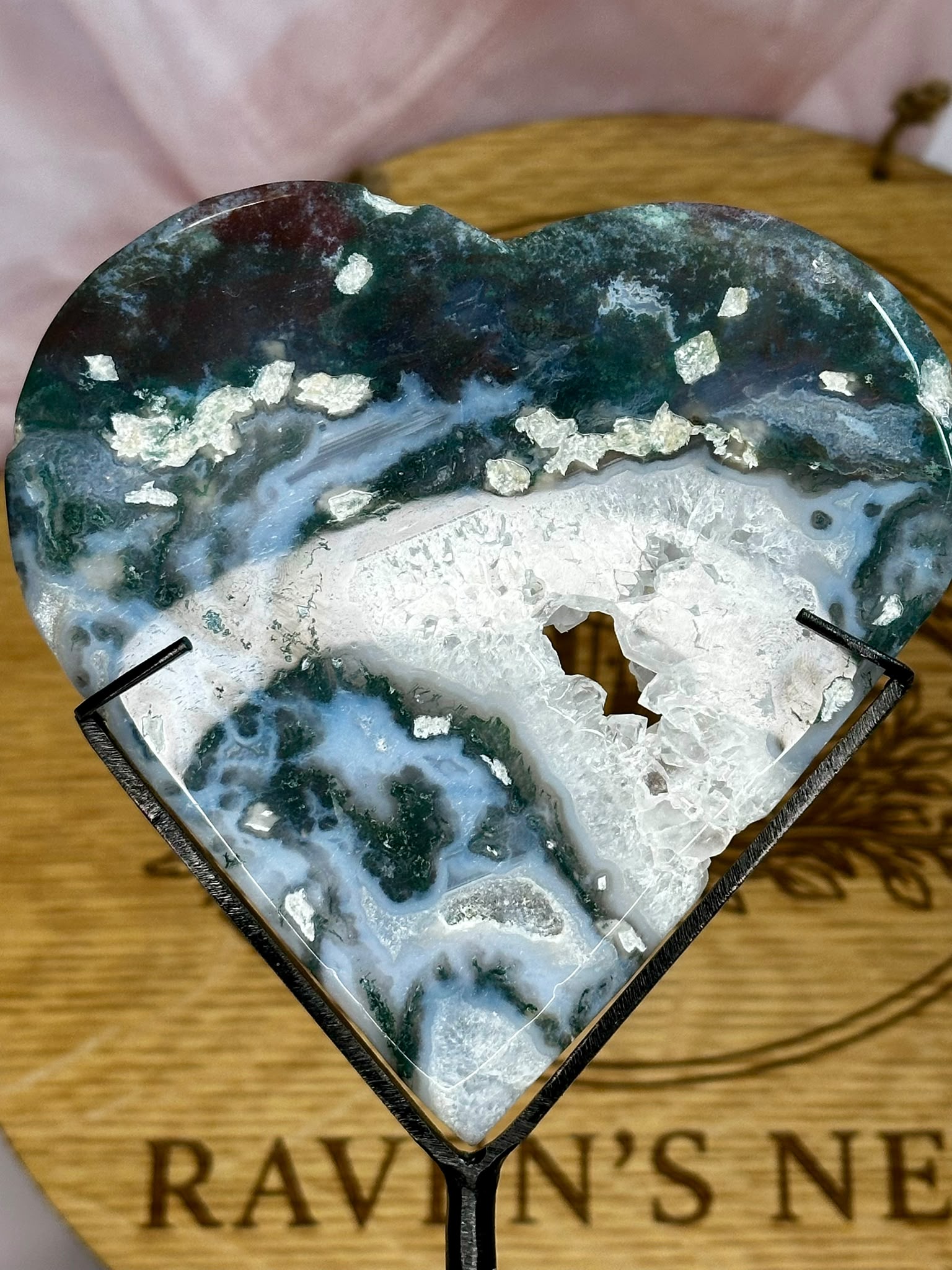 Large Moss Agate Heart on Stand