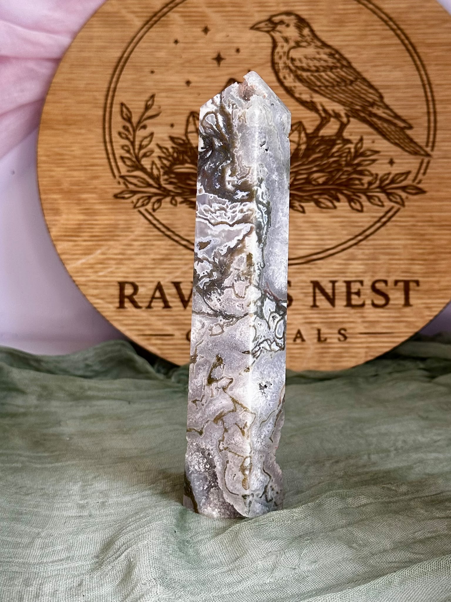 Grey Druzy Moss Agate Tower