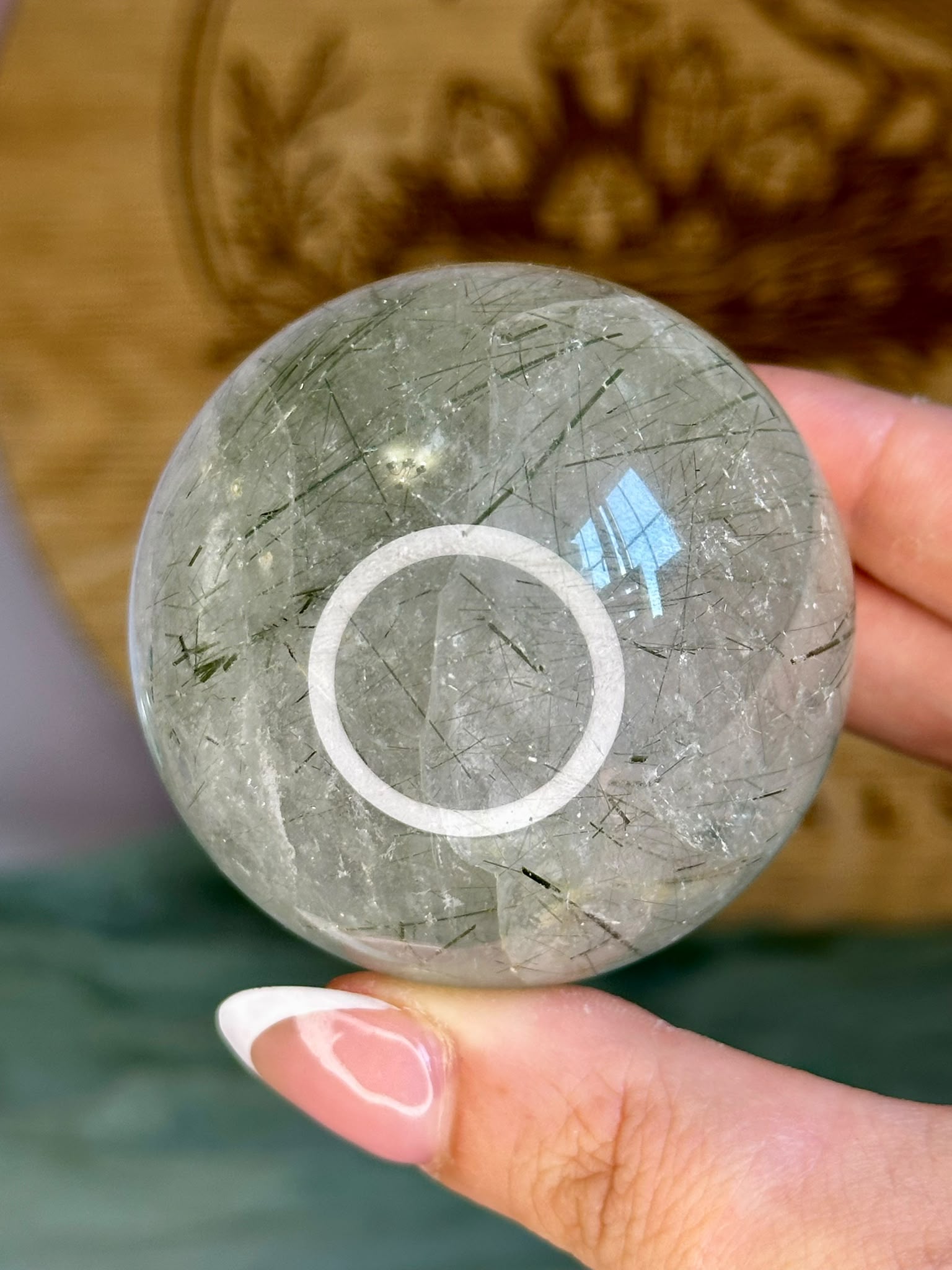 Green Rutile in Quartz Sphere