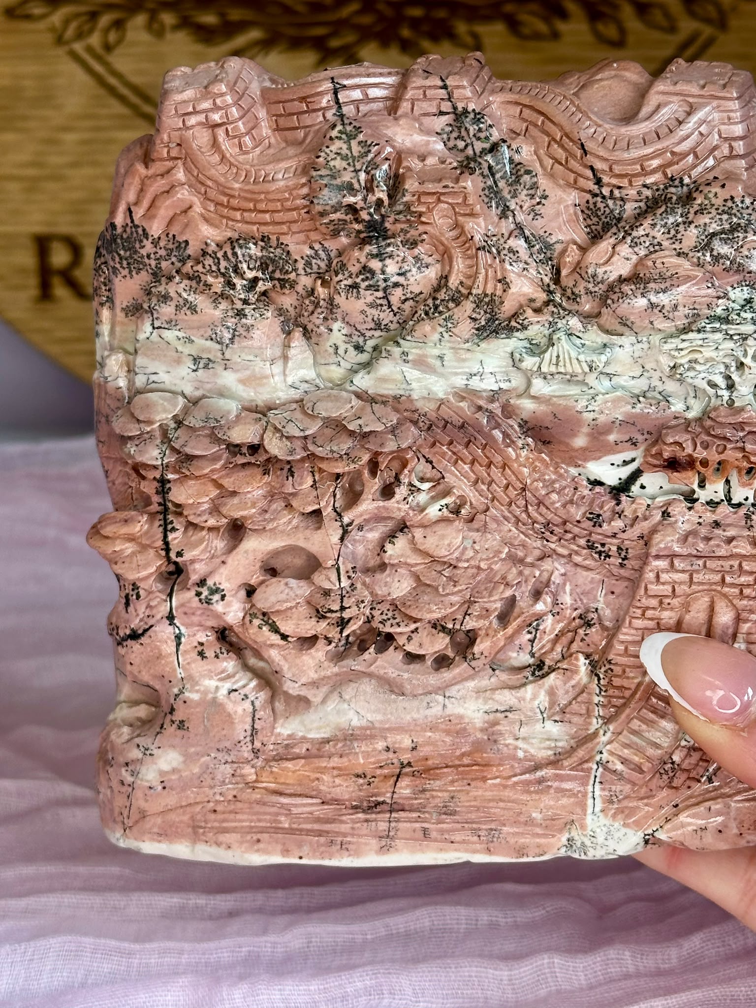 Large Hand-Carved Pink Picture Jasper Landscape