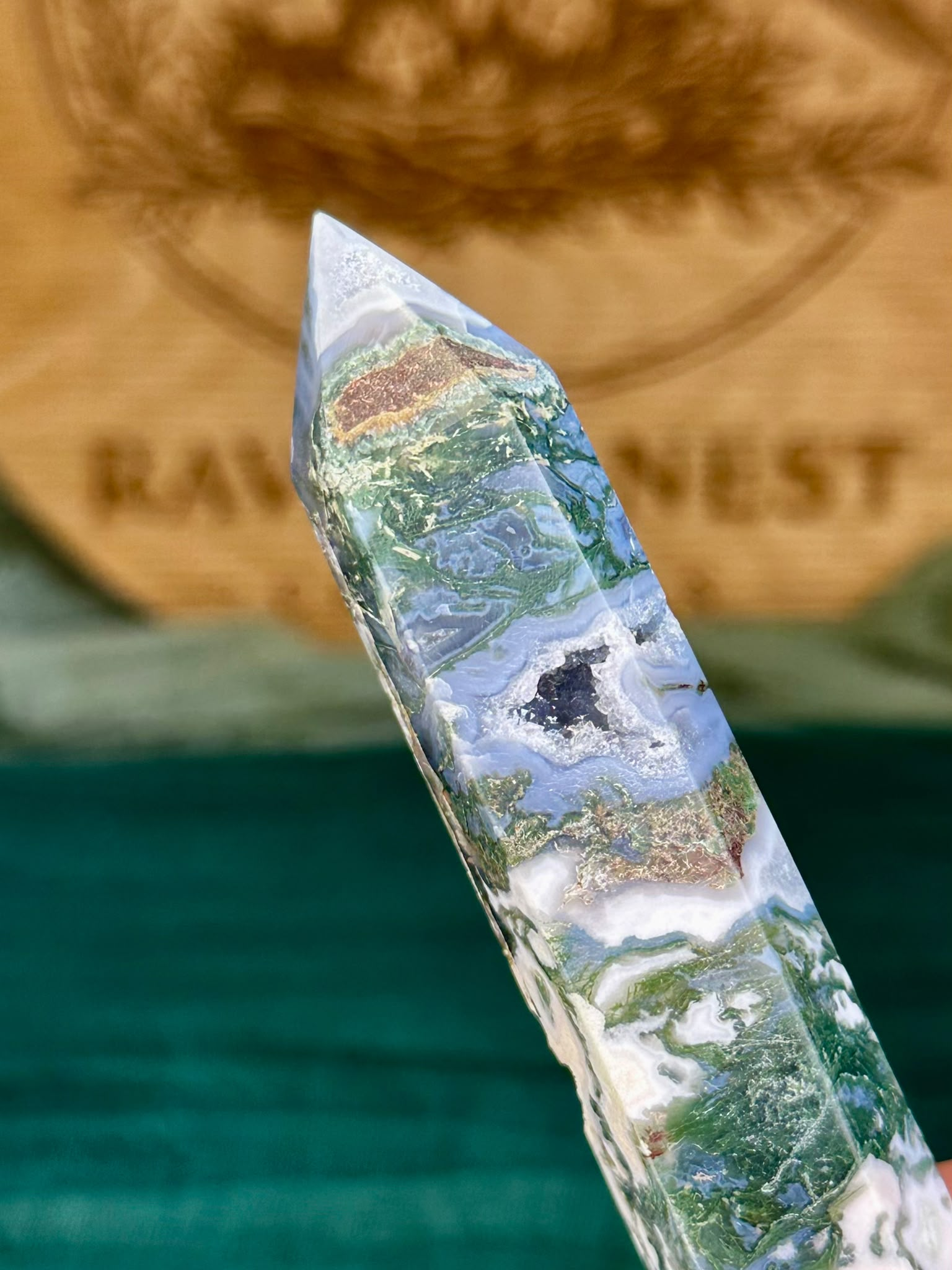 Druzy Moss Agate Tower with Pink Moss Inclusions