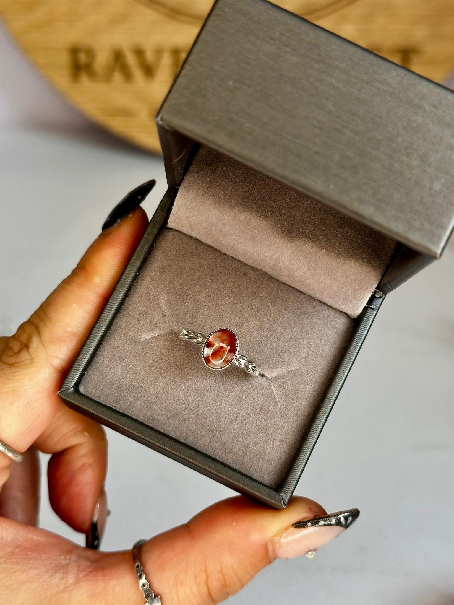 Red Bunny Fur Crystal Sterling Silver Adjustable Ring