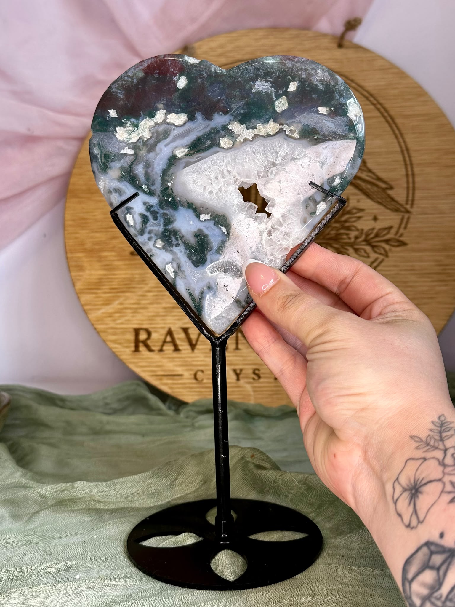 Large Moss Agate Heart on Stand