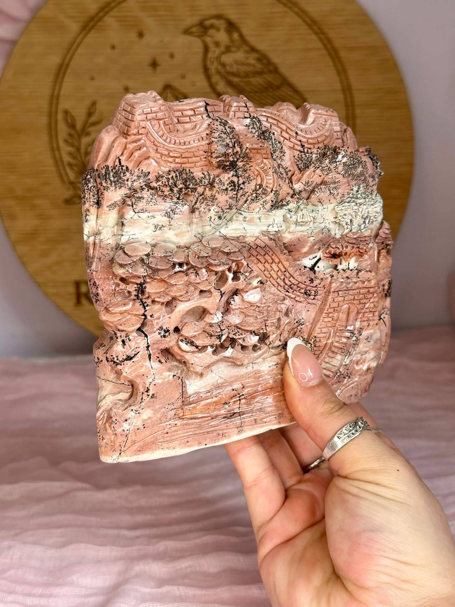 Large Hand-Carved Pink Picture Jasper Landscape