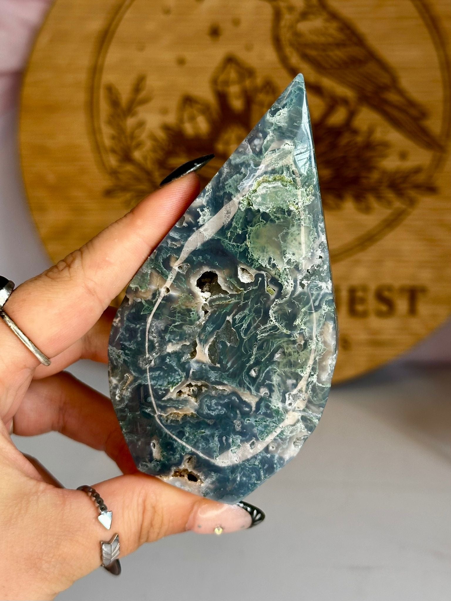 Blue Moss Agate Teardrop Freeform with Druzy