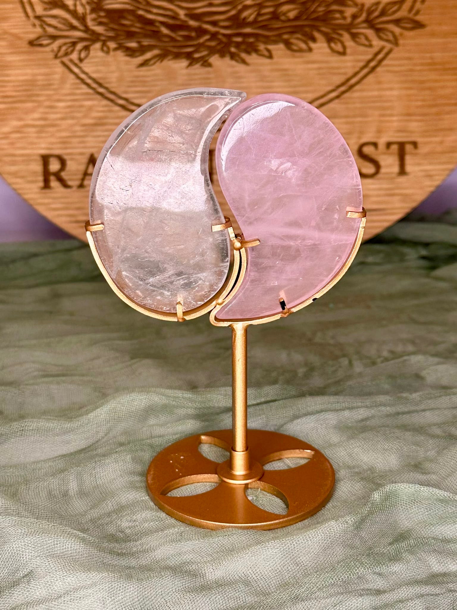 Rose Quartz & Clear Quartz Yin Yang Display on Stand