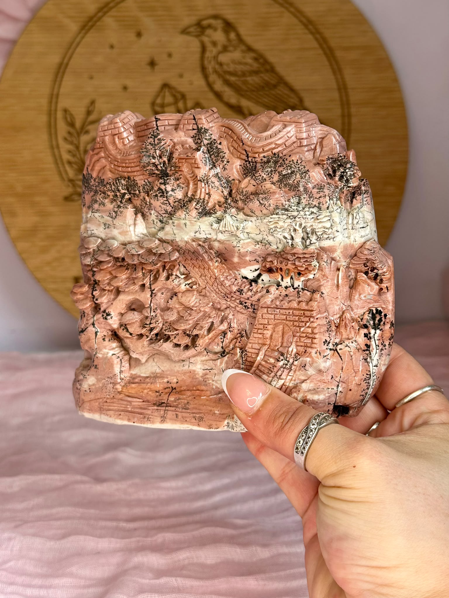 Large Hand-Carved Pink Picture Jasper Landscape