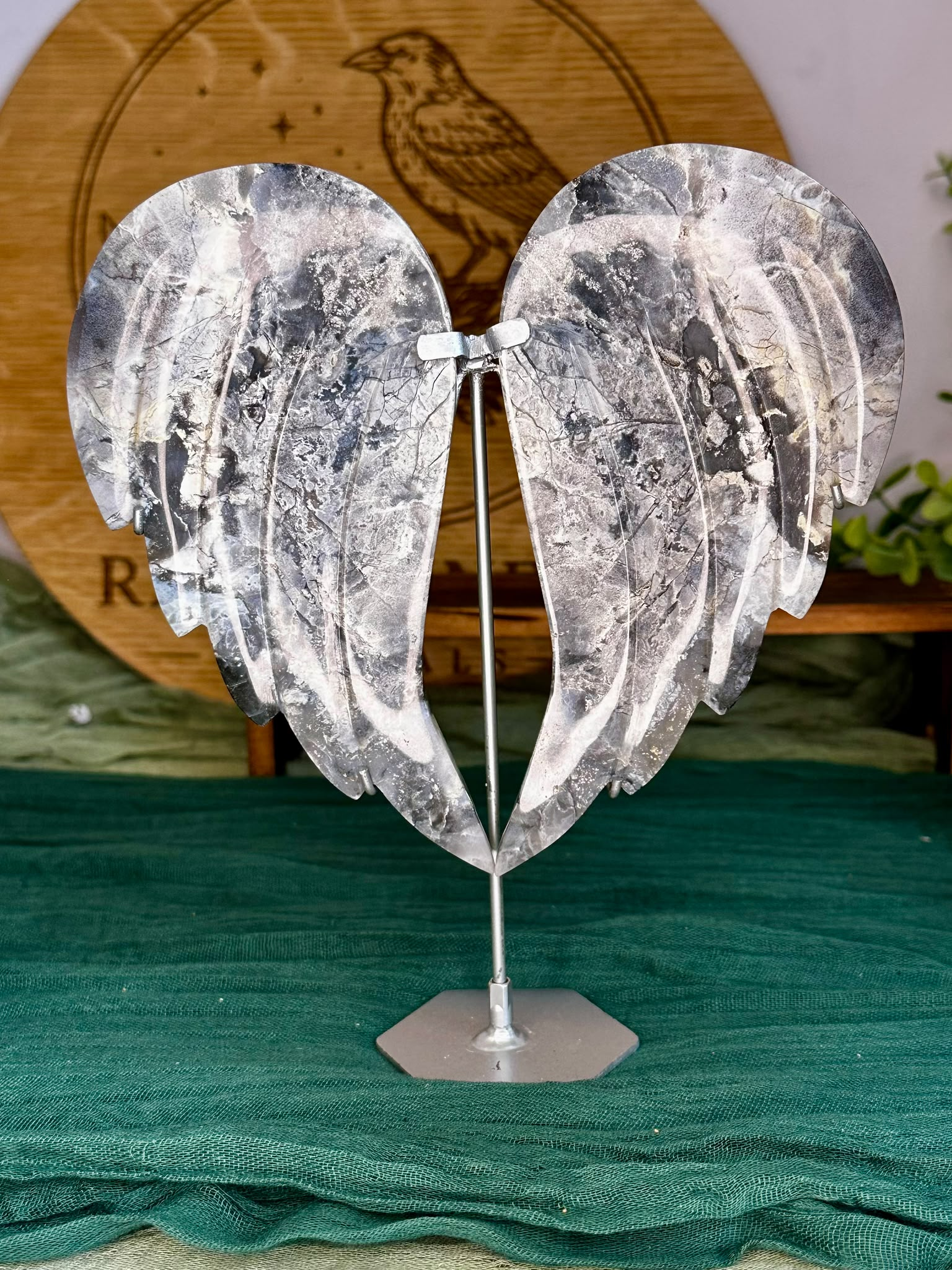 Large Blue Plume Agate Angel Wings on Stand