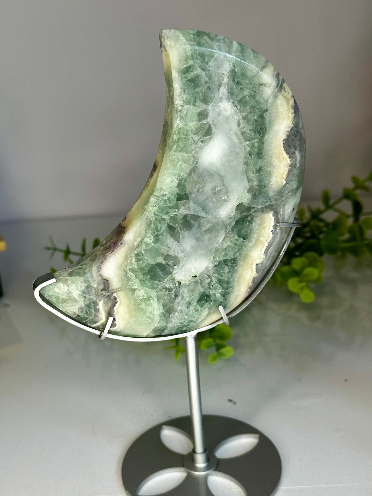 Large Silk Fluorite Moon with Natural Druzy