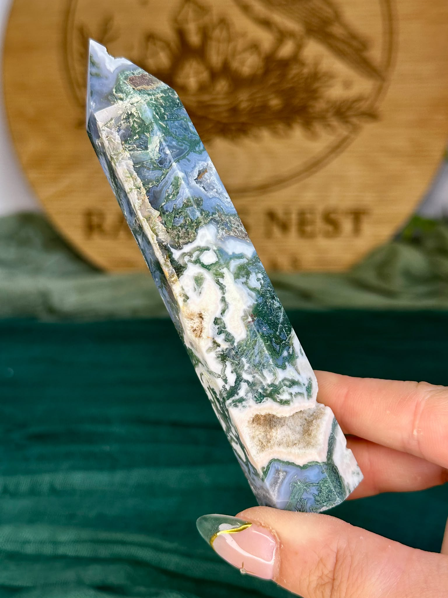 Druzy Moss Agate Tower with Pink Moss Inclusions