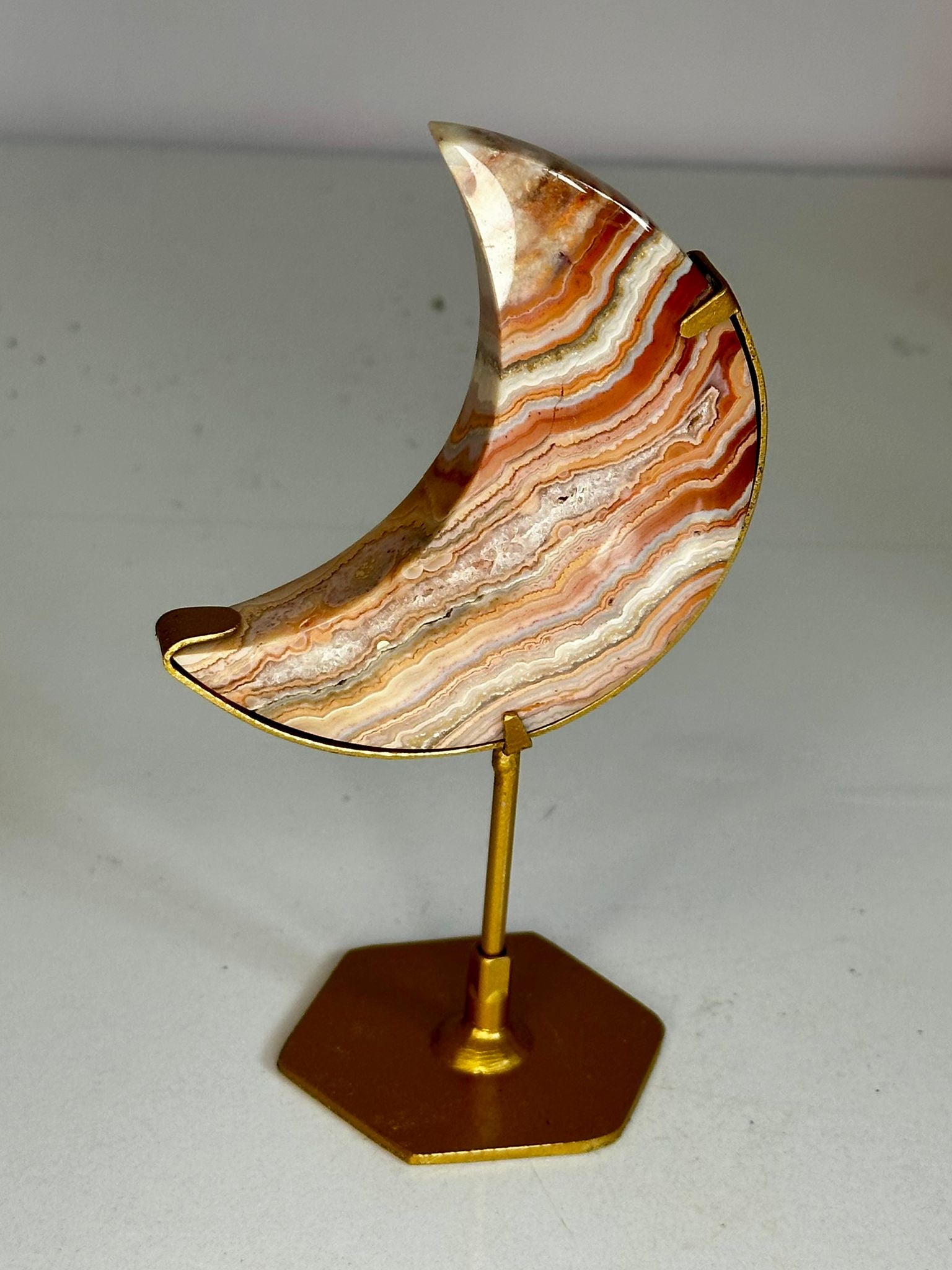 Pink Crazy Lace Agate Crescent Moon on Stand