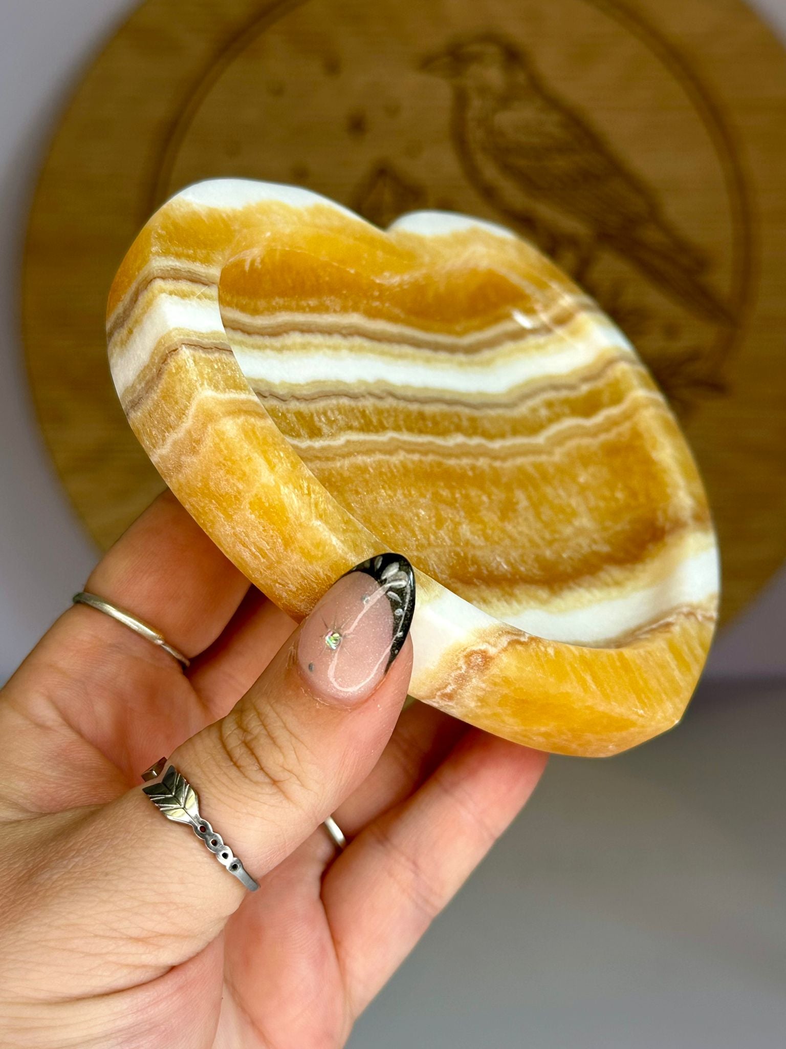 Large Banded Honey Calcite Heart Bowl