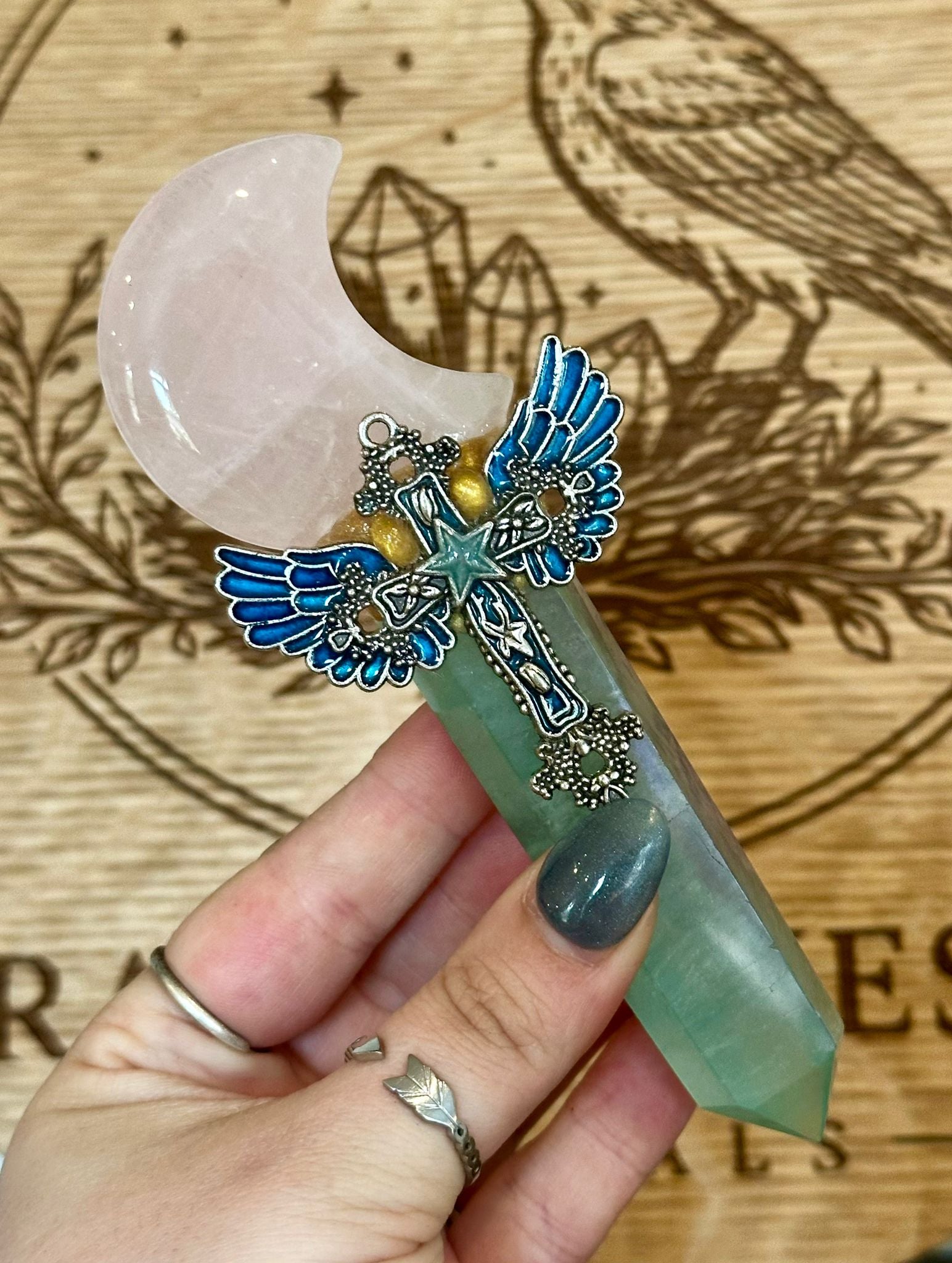 Handcrafted Fluorite & Rose Quartz Moon Wand