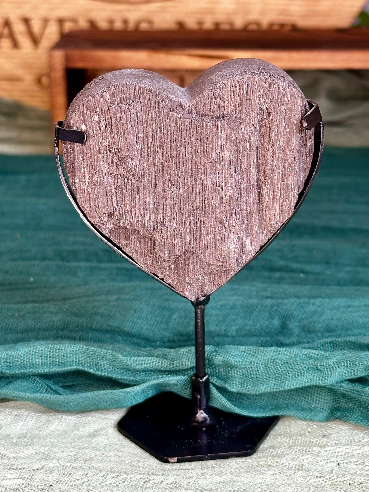 Petrified Wood Heart on Black Stand