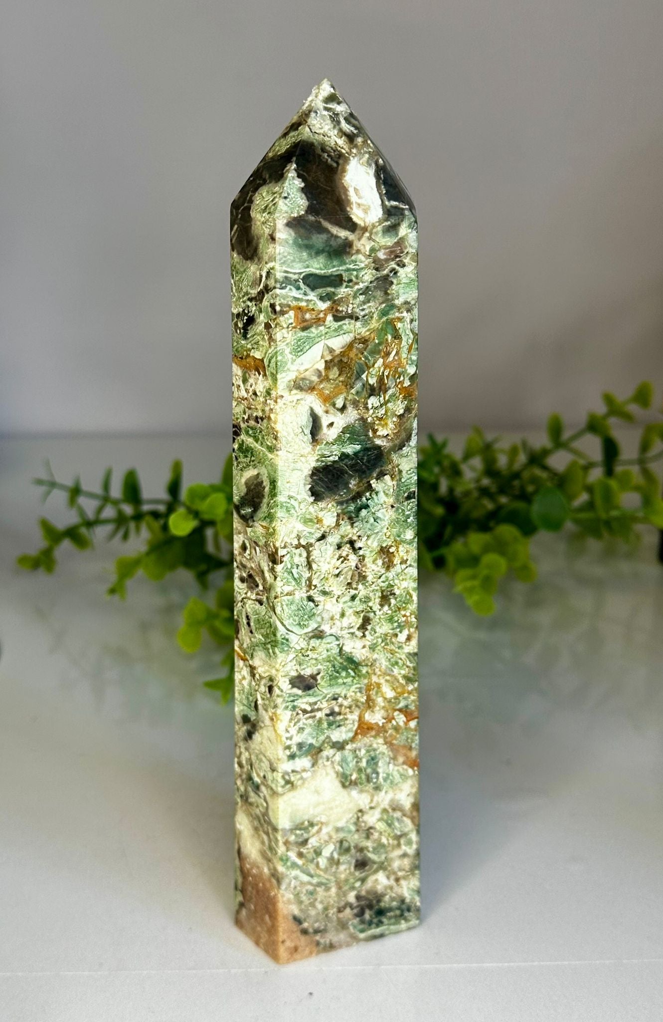 Large Green Money Agate x Chrysocolla Tower